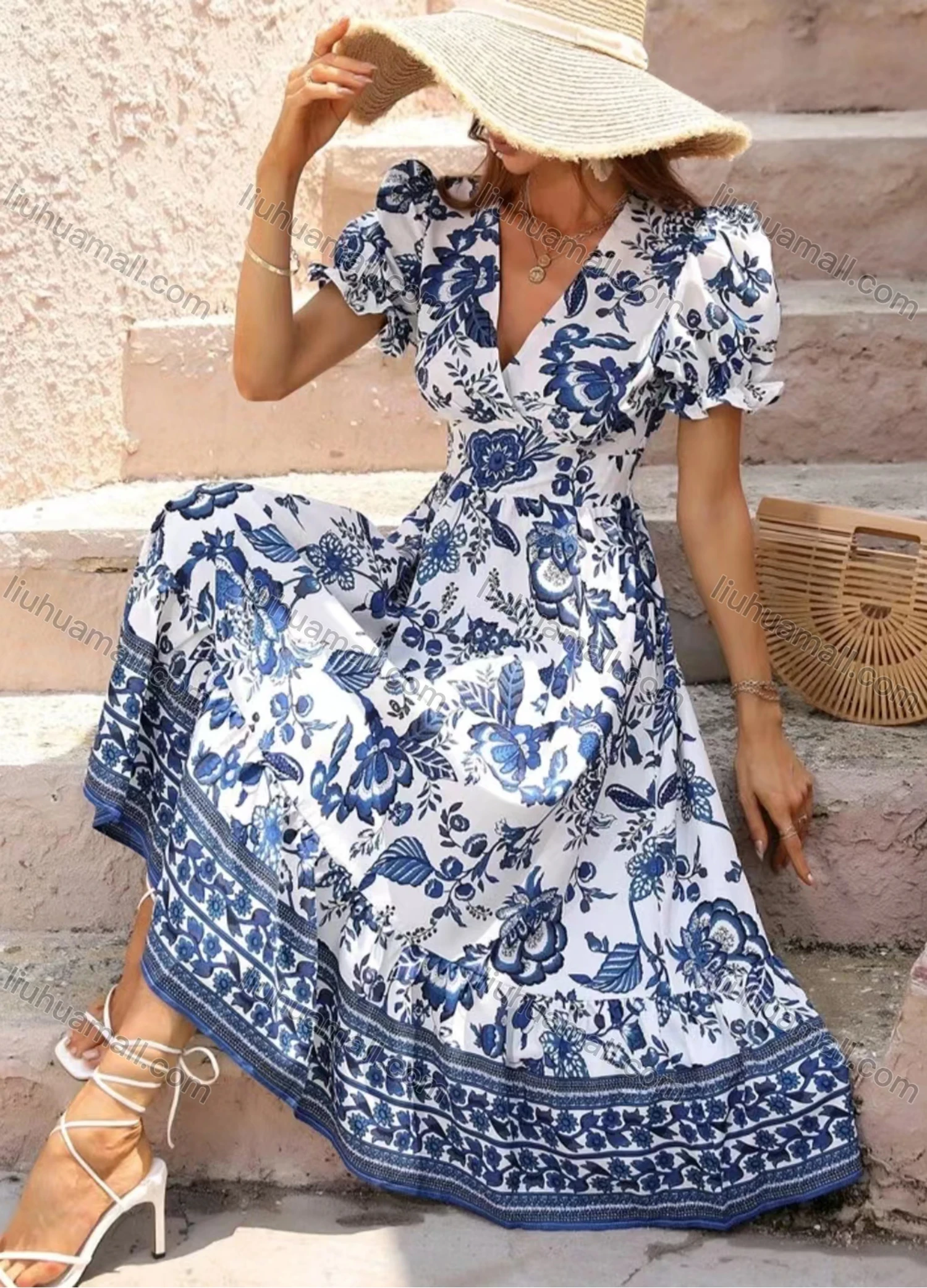 Wholesale Women's Casual Floral Print Wrap V Neck Puff Sleeve High Waist Ruffle Hem Midi Dress - Liuhuamall