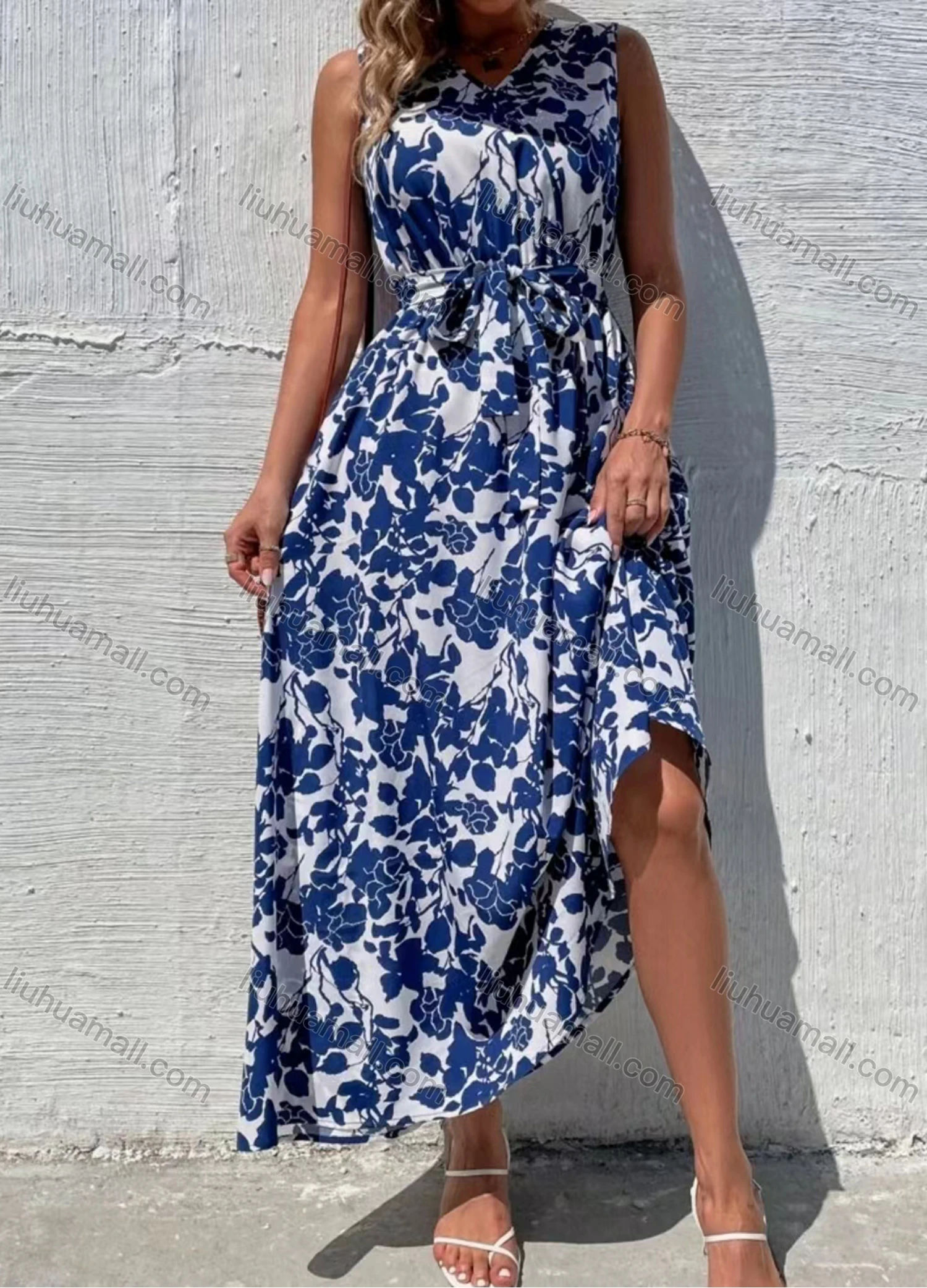 Wholesale Women's Casual Allover Print V Neck Maxi Tank Dress With Belt - Liuhuamall