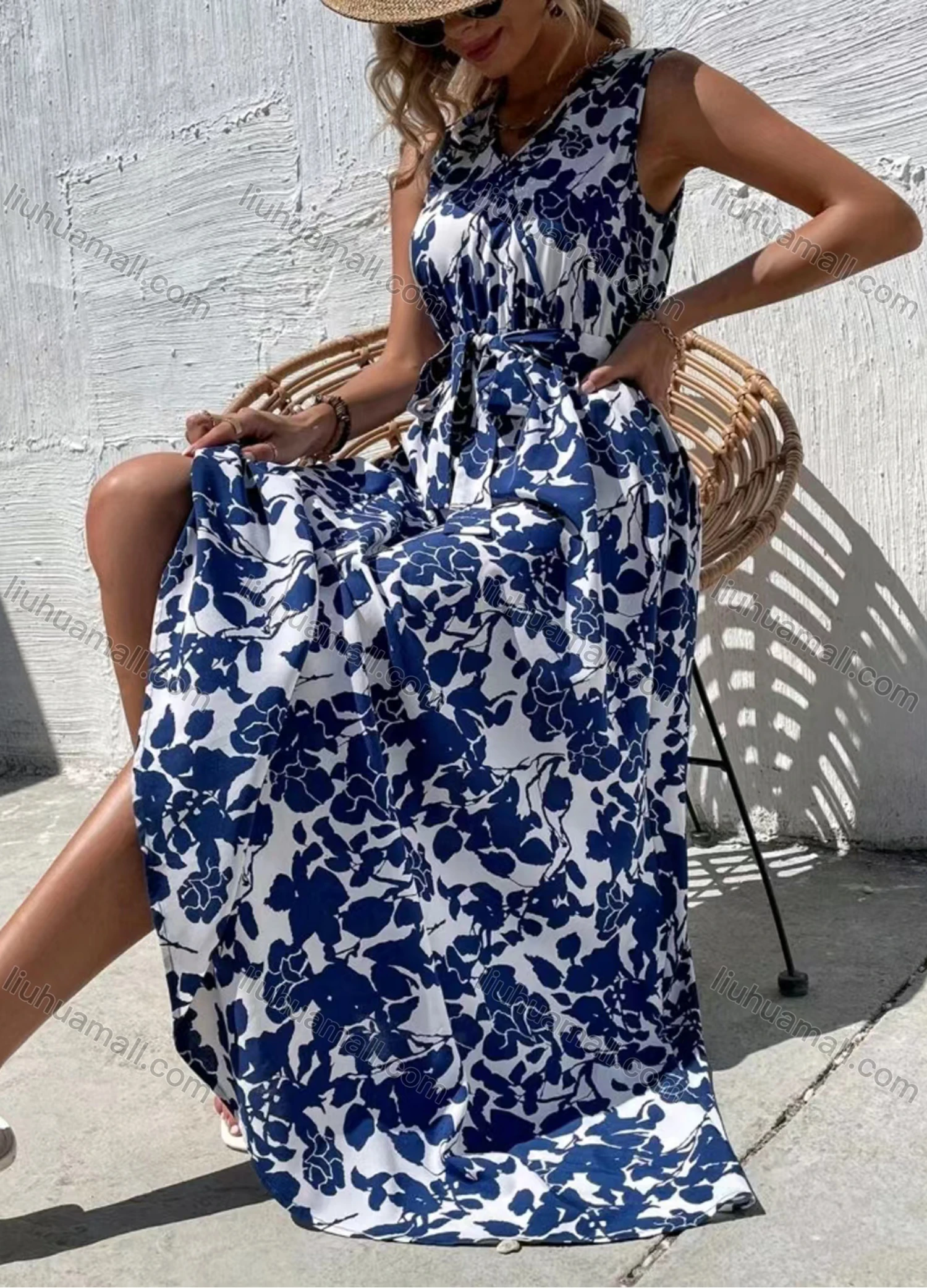 Wholesale Women's Casual Allover Print V Neck Maxi Tank Dress With Belt - Liuhuamall