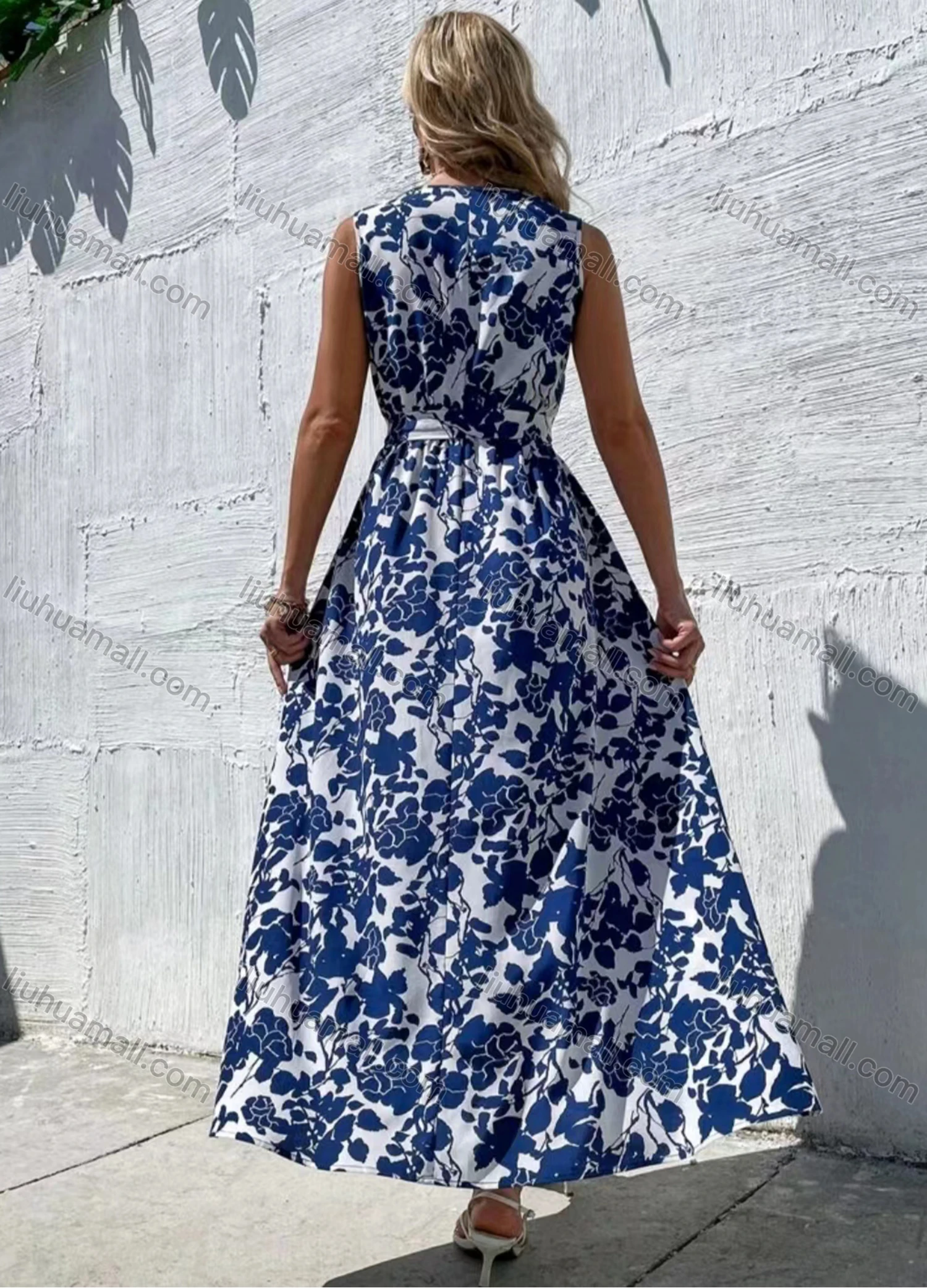 Wholesale Women's Casual Allover Print V Neck Maxi Tank Dress With Belt - Liuhuamall