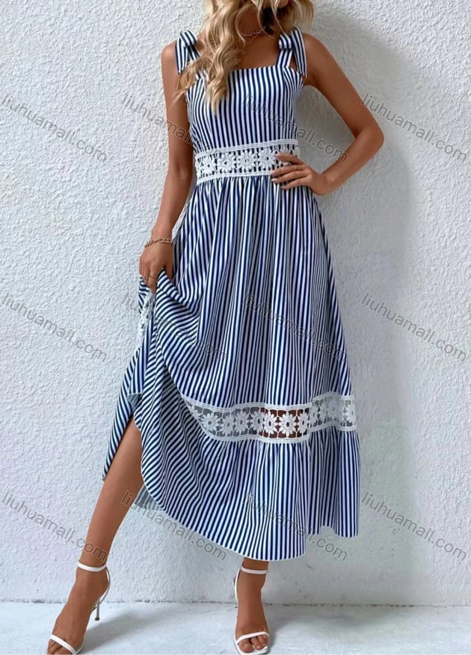 Wholesale Women's Casual Striped Bow Tie Straps High Waist Maxi Cami Dress - Liuhuamall