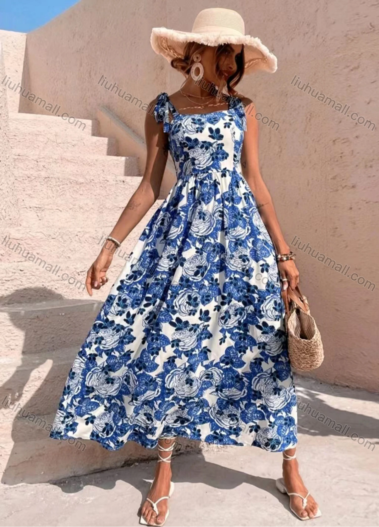 Wholesale Women's Casual Floral Print Bow Tie Straps High Waist Maxi Cami Dress - Liuhuamall