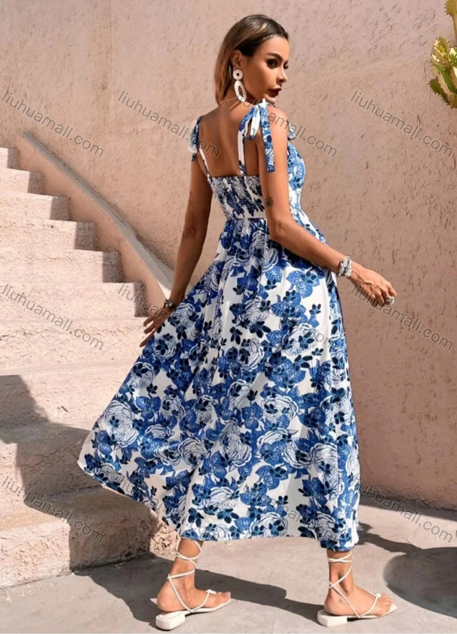 Wholesale Women's Casual Floral Print Bow Tie Straps High Waist Maxi Cami Dress - Liuhuamall