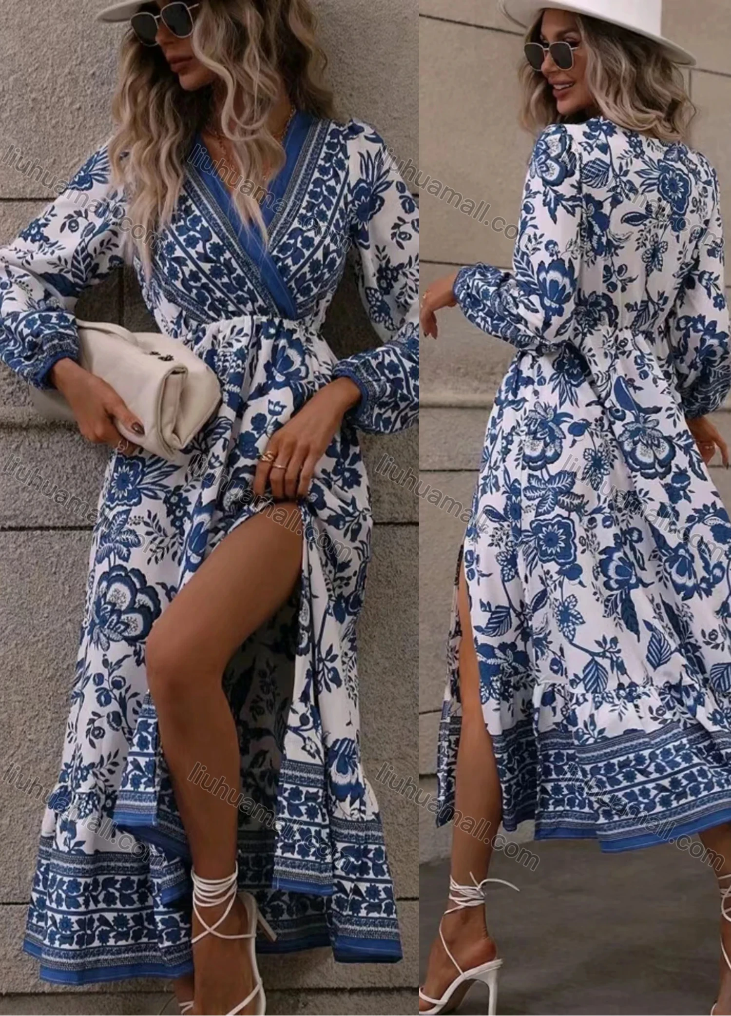 Wholesale Women's Casual & Fashion Wrap V Neck Long Sleeve Split Side Midi Dress - Liuhuamall