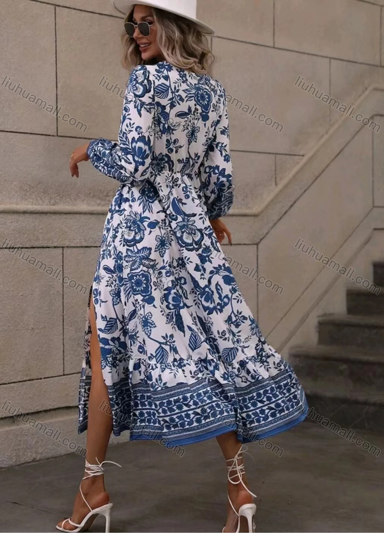 Wholesale Women's Casual & Fashion Wrap V Neck Long Sleeve Split Side Midi Dress - Liuhuamall