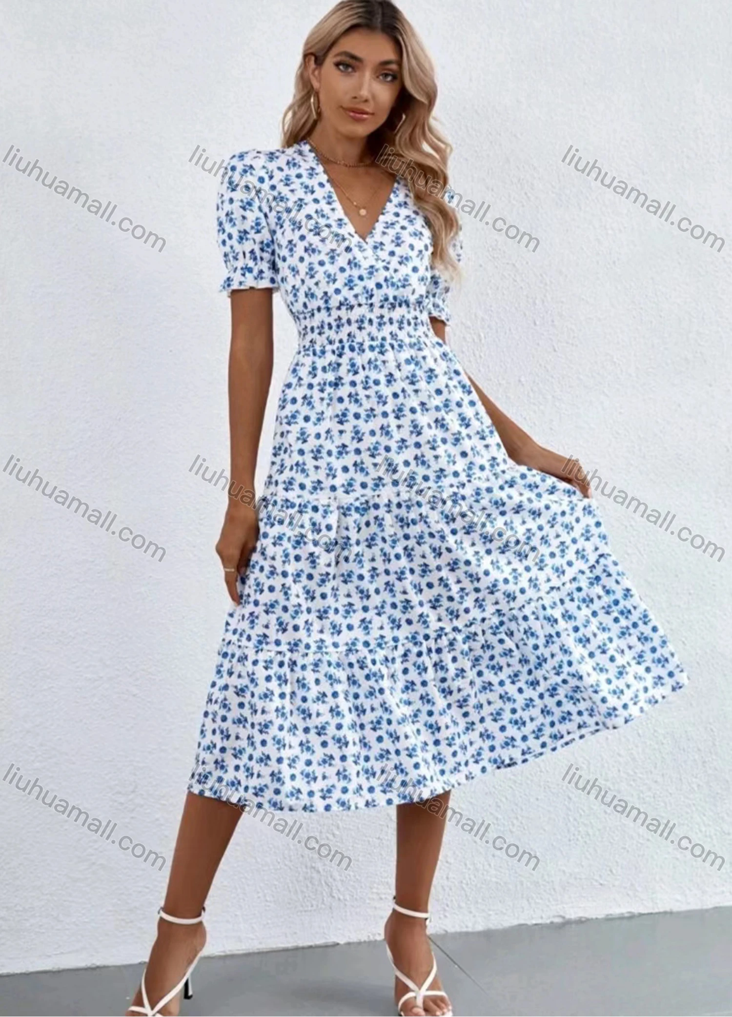 Wholesale Women's Casual Allover Print Wrap V Neck Puff Sleeve Ruffle Hem Midi Dress - Liuhuamall