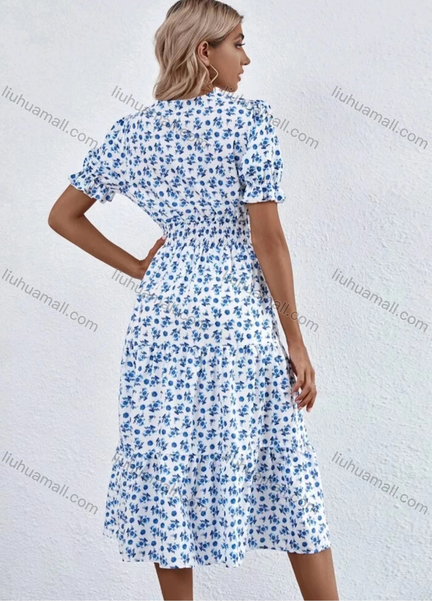 Wholesale Women's Casual Allover Print Wrap V Neck Puff Sleeve Ruffle Hem Midi Dress - Liuhuamall