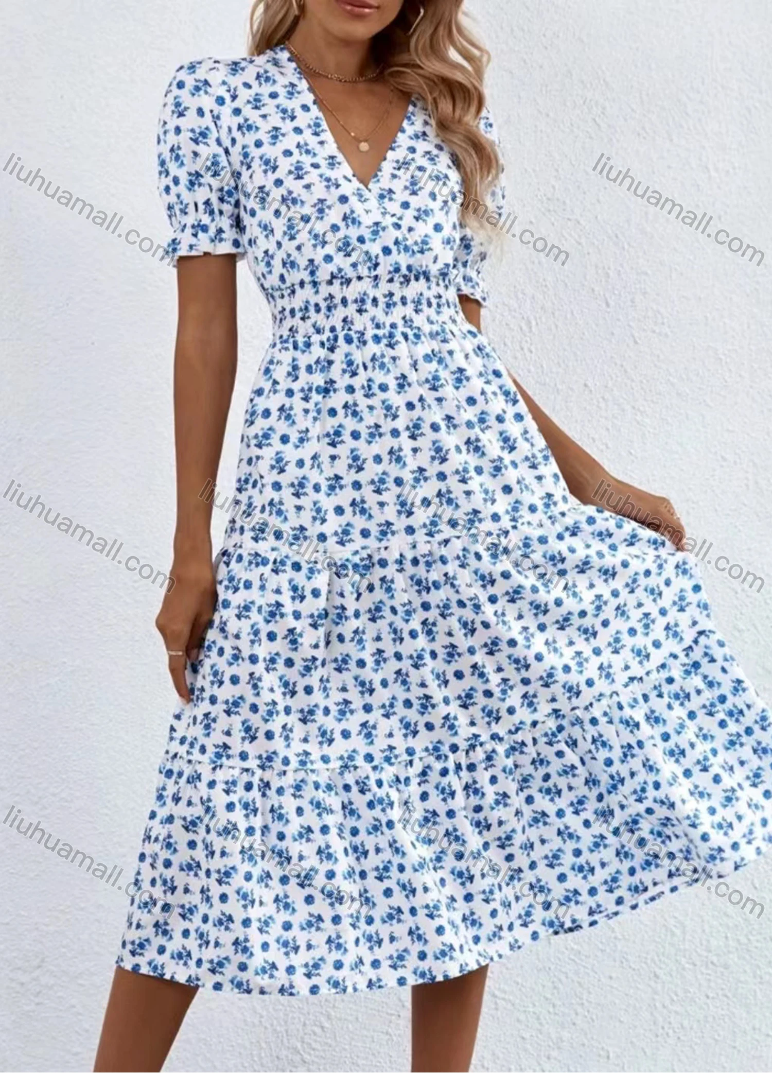 Wholesale Women's Casual Allover Print Wrap V Neck Puff Sleeve Ruffle Hem Midi Dress - Liuhuamall