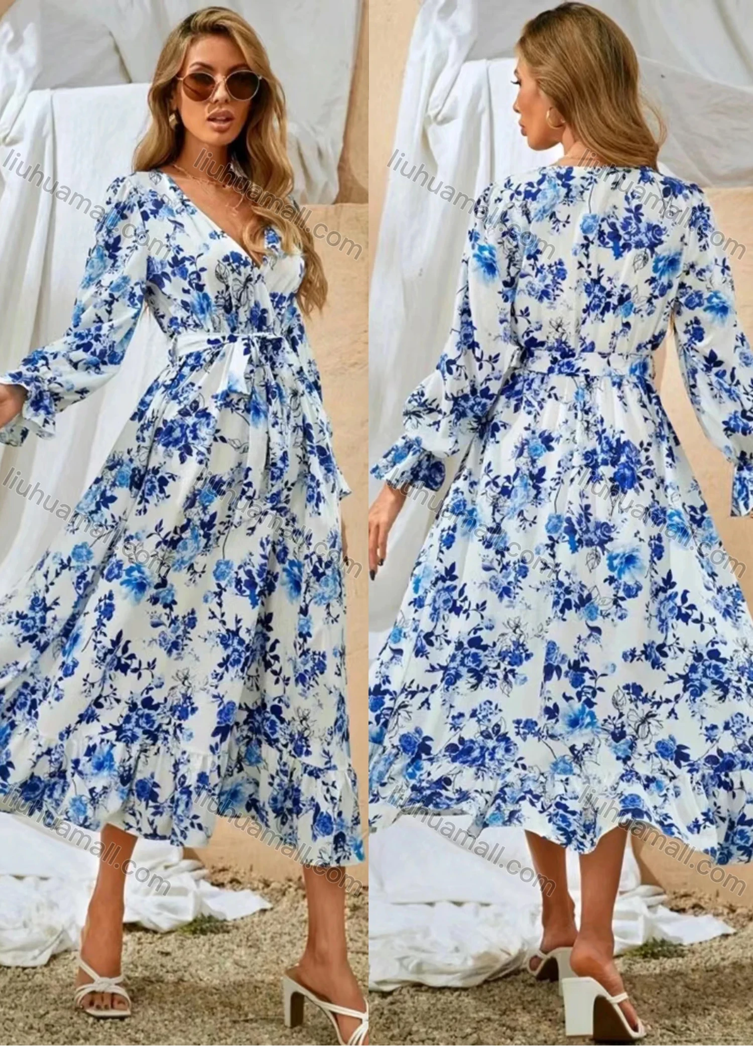 Wholesale Women's Casual & Fashion Floral Print Wrap V Neck Long Sleeve Ruffle Hem Midi Dress With Belt - Liuhuamall