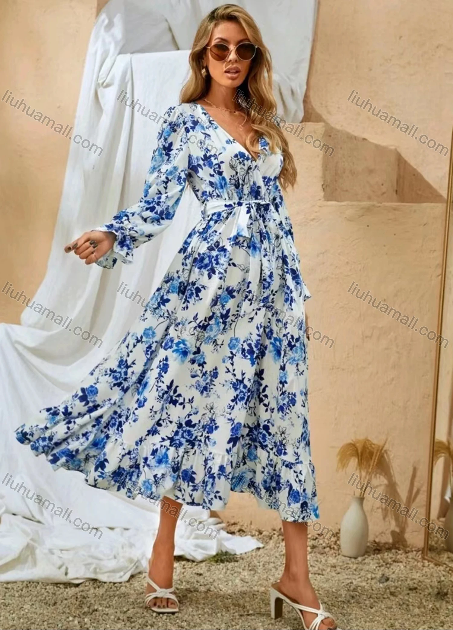 Wholesale Women's Casual & Fashion Floral Print Wrap V Neck Long Sleeve Ruffle Hem Midi Dress With Belt - Liuhuamall