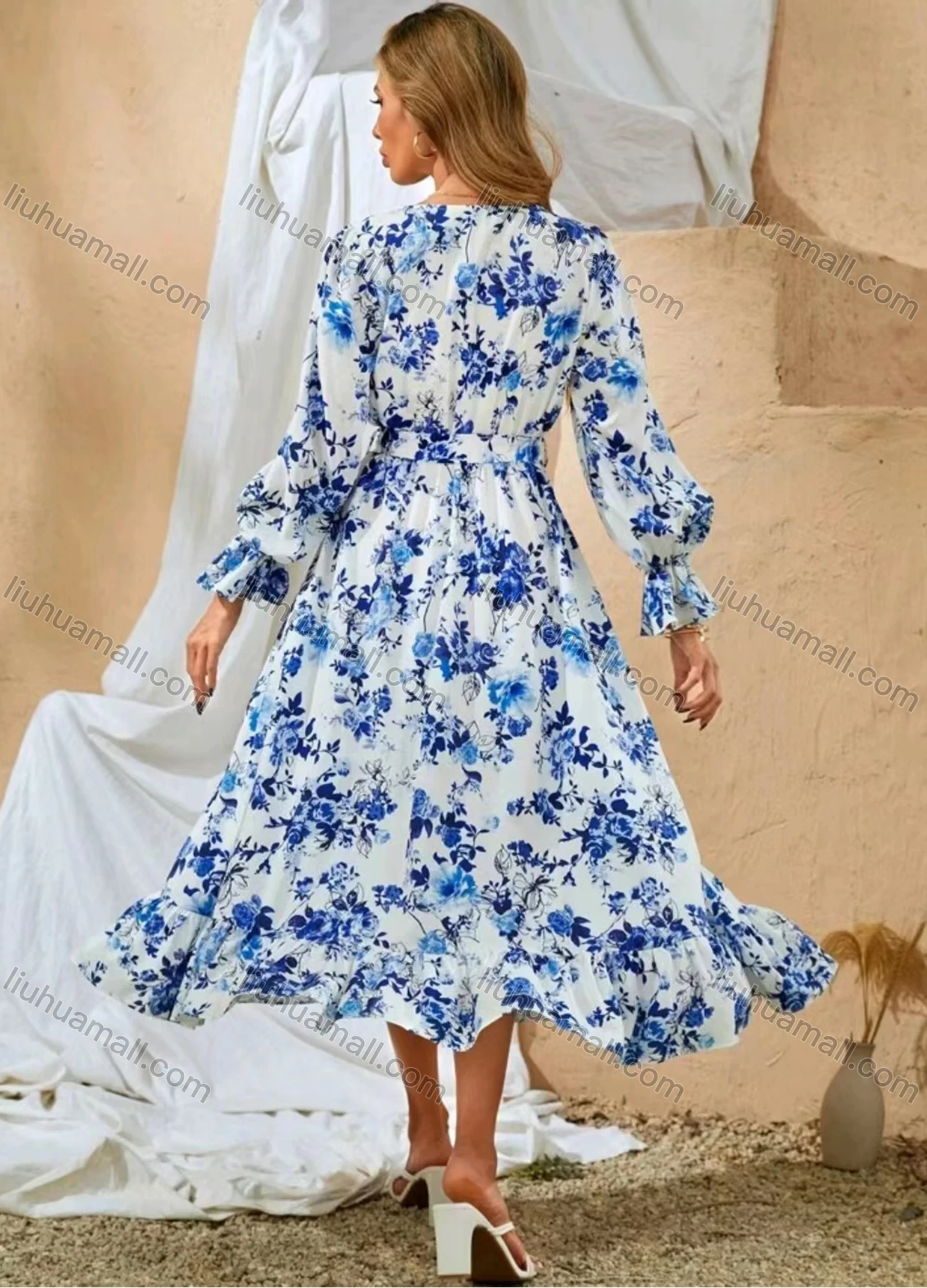 Wholesale Women's Casual & Fashion Floral Print Wrap V Neck Long Sleeve Ruffle Hem Midi Dress With Belt - Liuhuamall