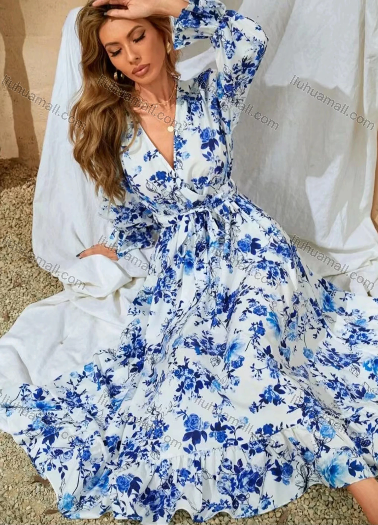 Wholesale Women's Casual & Fashion Floral Print Wrap V Neck Long Sleeve Ruffle Hem Midi Dress With Belt - Liuhuamall