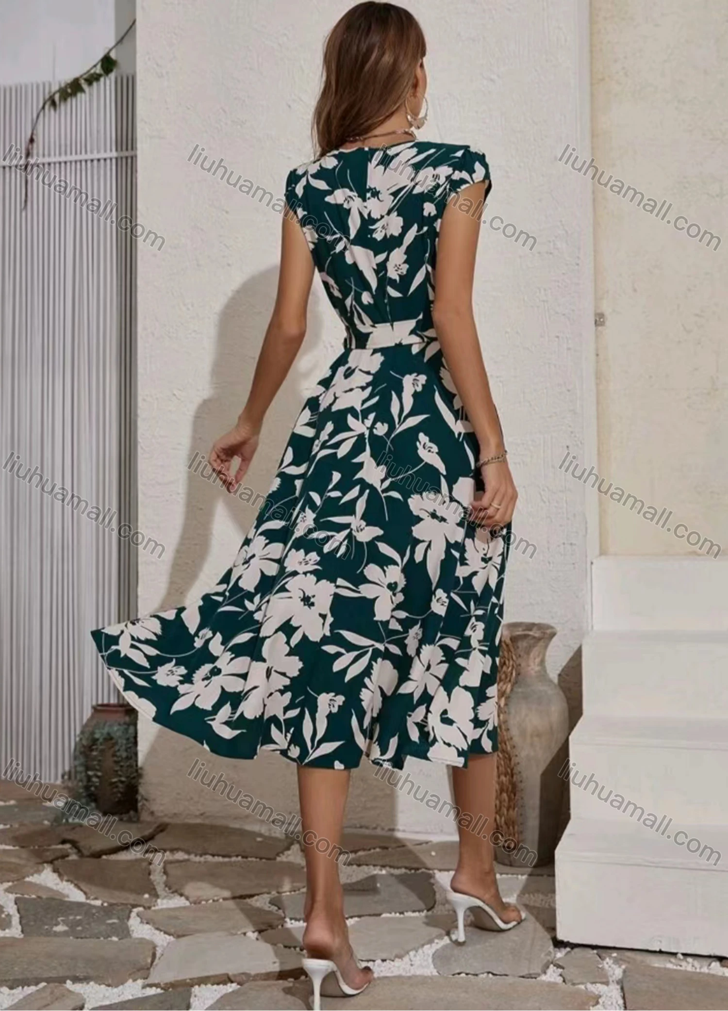 Wholesale Women's Casual Floral Print Wrap V Neck Split Side Midi Dress With Belt - Liuhuamall