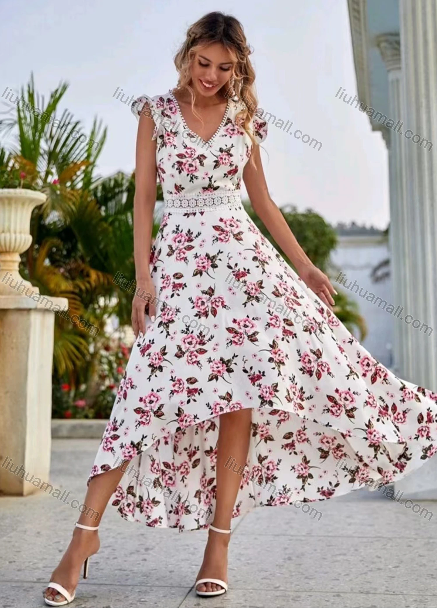 Wholesale Women's Casual Floral Print V Neck High Waist Midi Dress - Liuhuamall