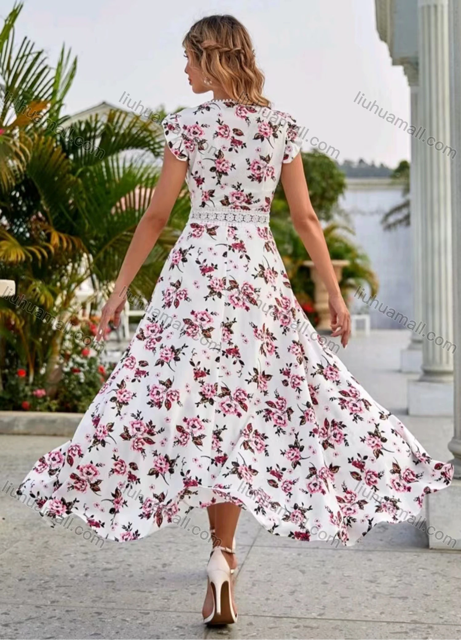 Wholesale Women's Casual Floral Print V Neck High Waist Midi Dress - Liuhuamall