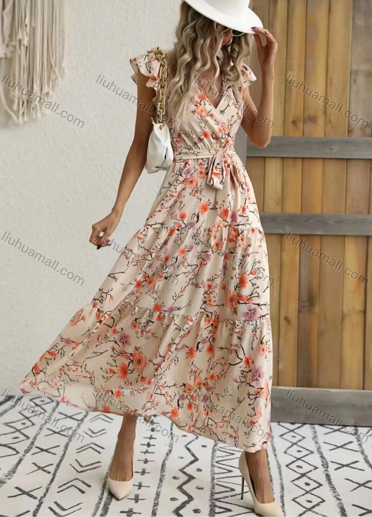 Wholesale Women's Casual Floral Print Wrap V Neck Ruffle Sleeve Maxi Dress With Belt - Liuhuamall