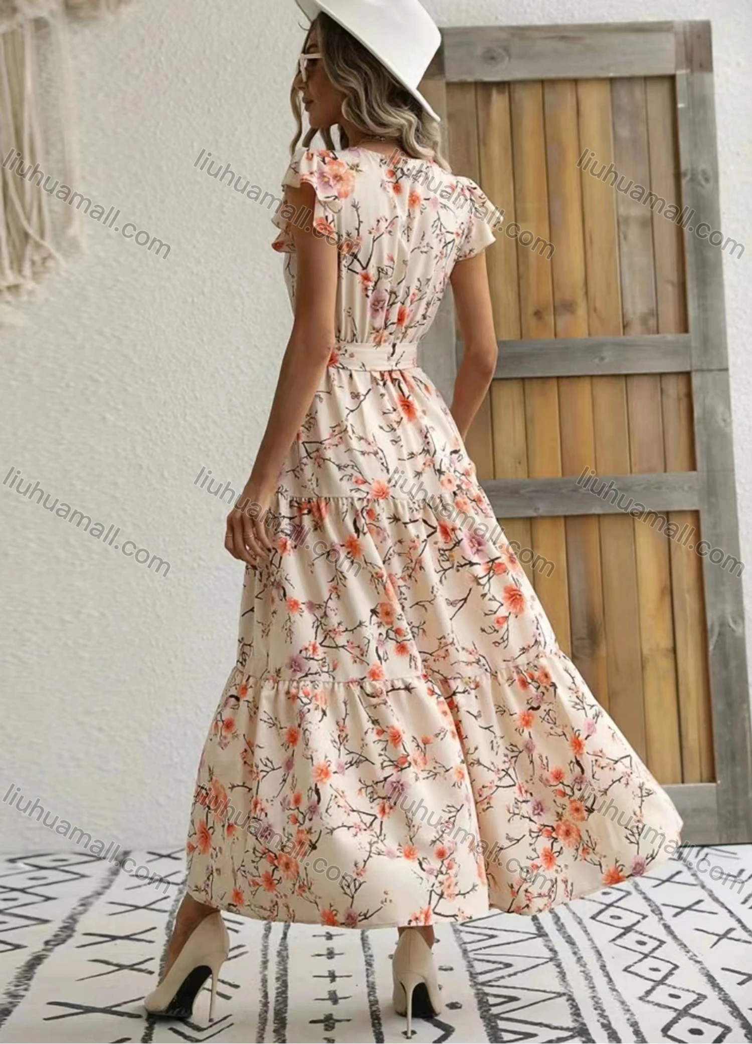 Wholesale Women's Casual Floral Print Wrap V Neck Ruffle Sleeve Maxi Dress With Belt - Liuhuamall