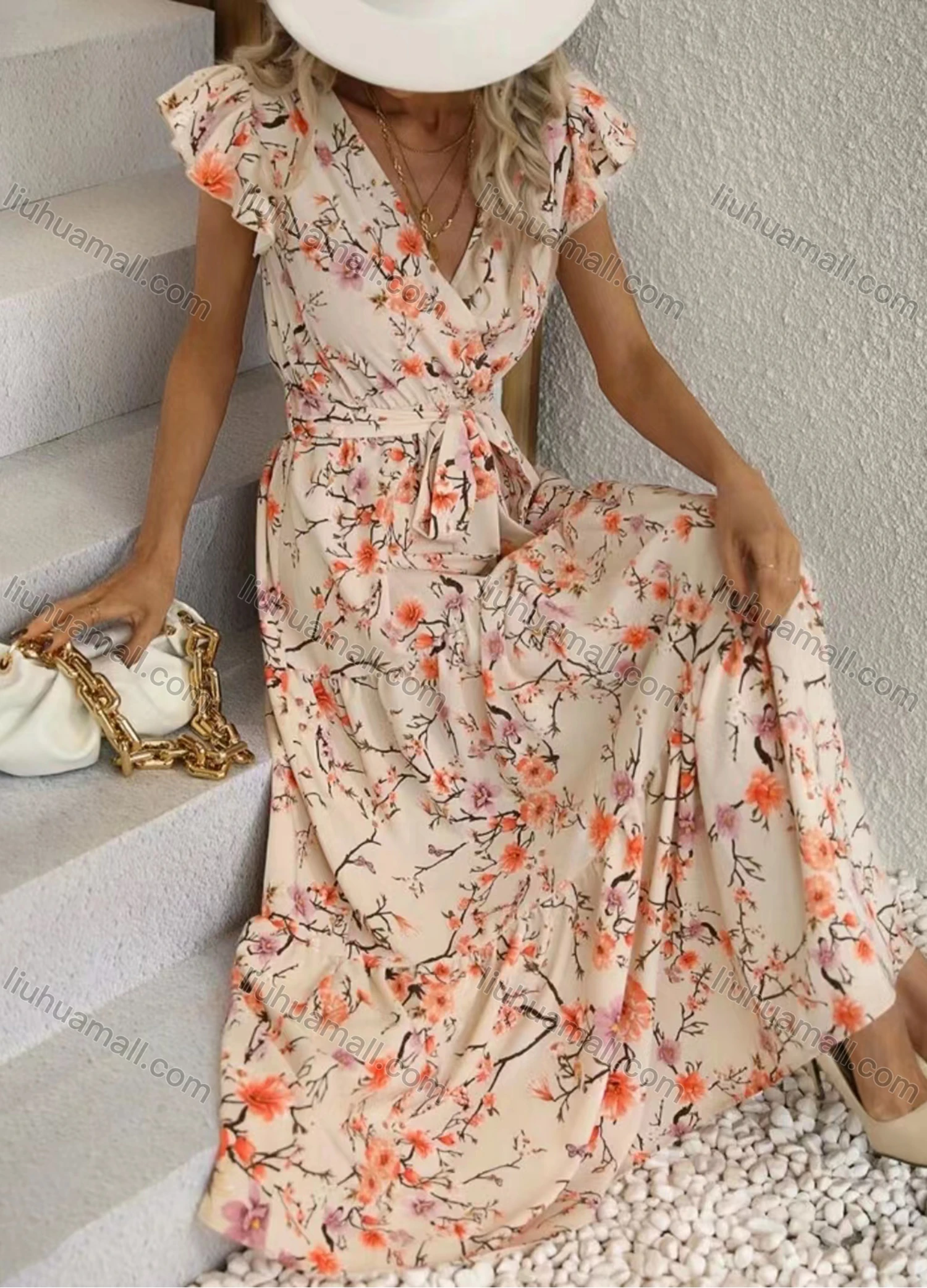 Wholesale Women's Casual Floral Print Wrap V Neck Ruffle Sleeve Maxi Dress With Belt - Liuhuamall