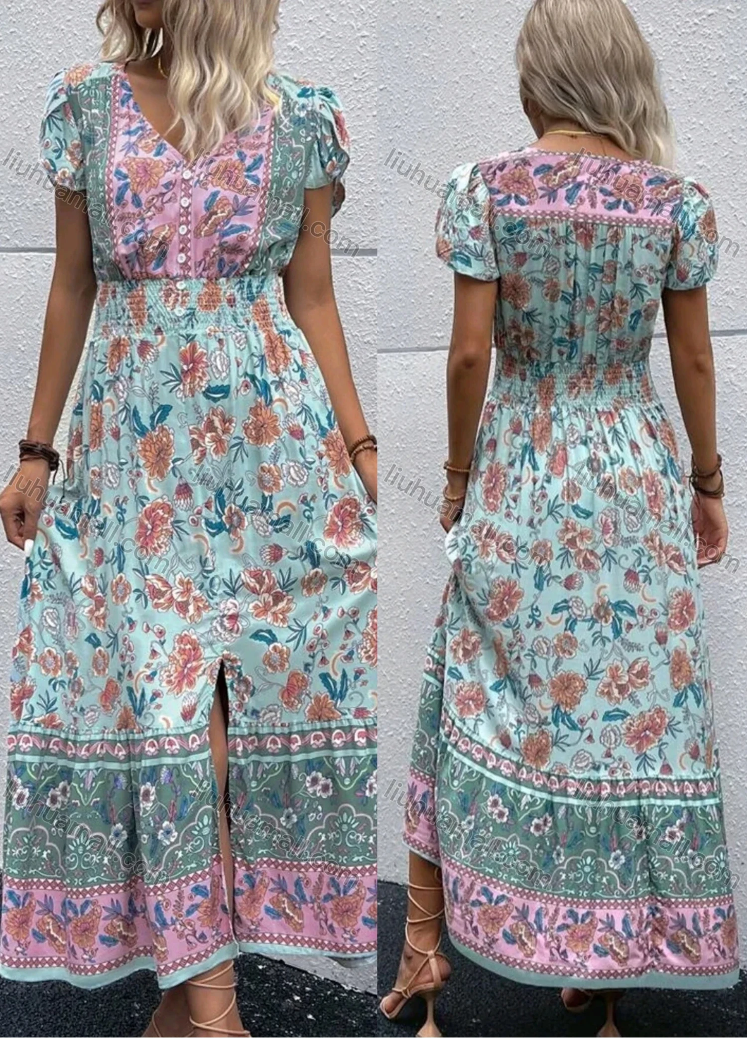 Wholesale Women's Casual Vintage Flroal Print V Neck Button Front Short Sleeve Shirred Split Hem Maxi Dress - Liuhuamall