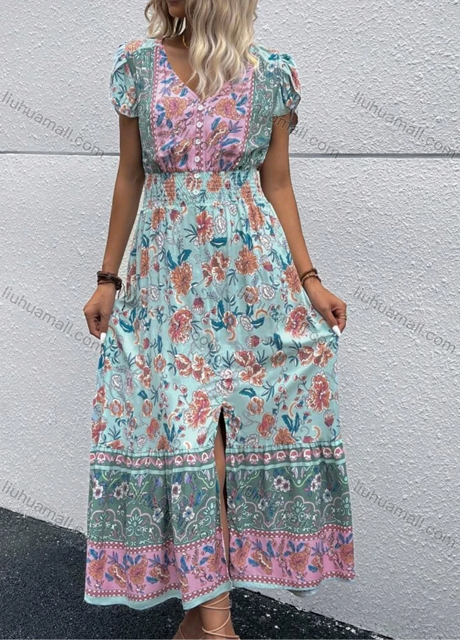 Wholesale Women's Casual Vintage Flroal Print V Neck Button Front Short Sleeve Shirred Split Hem Maxi Dress - Liuhuamall