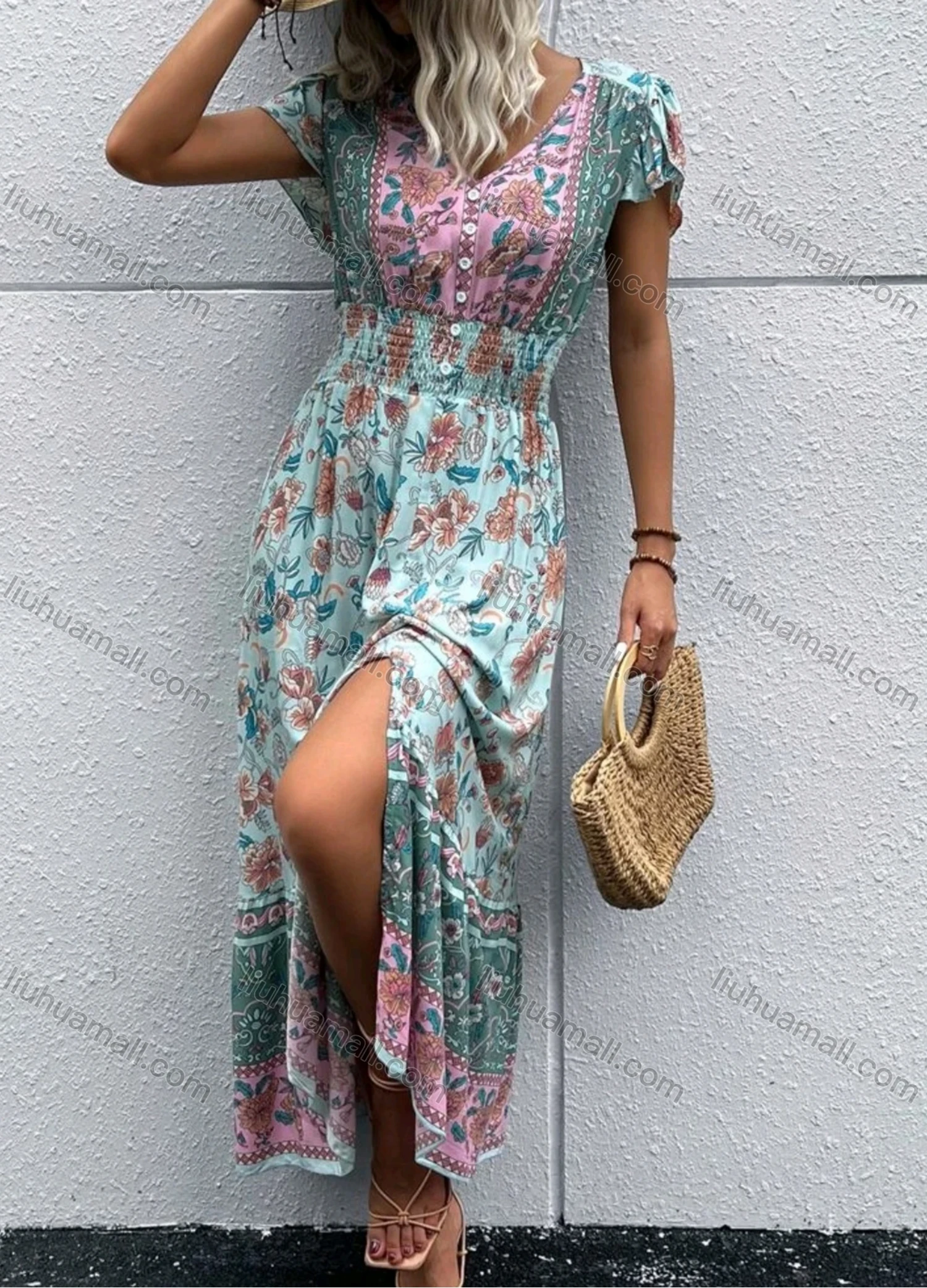 Wholesale Women's Casual Vintage Flroal Print V Neck Button Front Short Sleeve Shirred Split Hem Maxi Dress - Liuhuamall