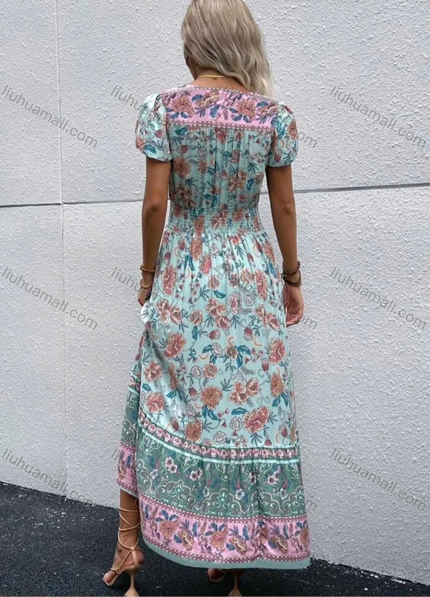 Wholesale Women's Casual Vintage Flroal Print V Neck Button Front Short Sleeve Shirred Split Hem Maxi Dress - Liuhuamall