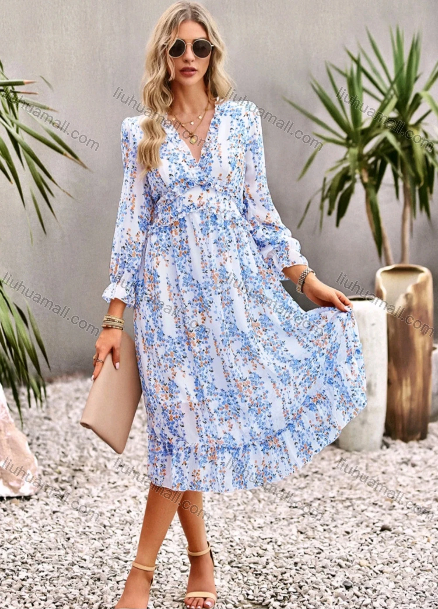 Wholesale Women's Casual Vintage Allover Print V Neck Ruffle Trim Ruffle Hem Maxi Dress - Liuhuamall
