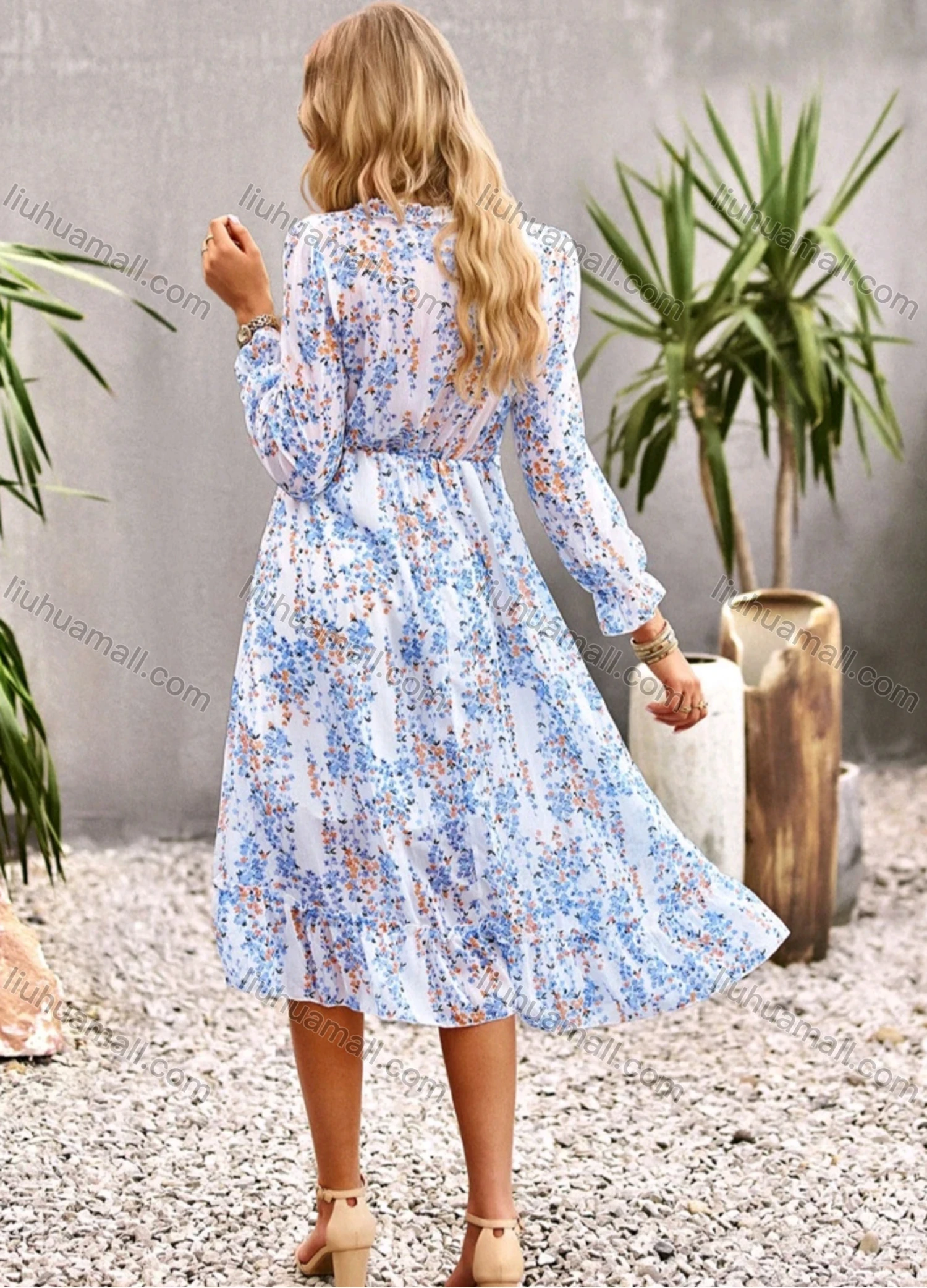 Wholesale Women's Casual Vintage Allover Print V Neck Ruffle Trim Ruffle Hem Maxi Dress - Liuhuamall
