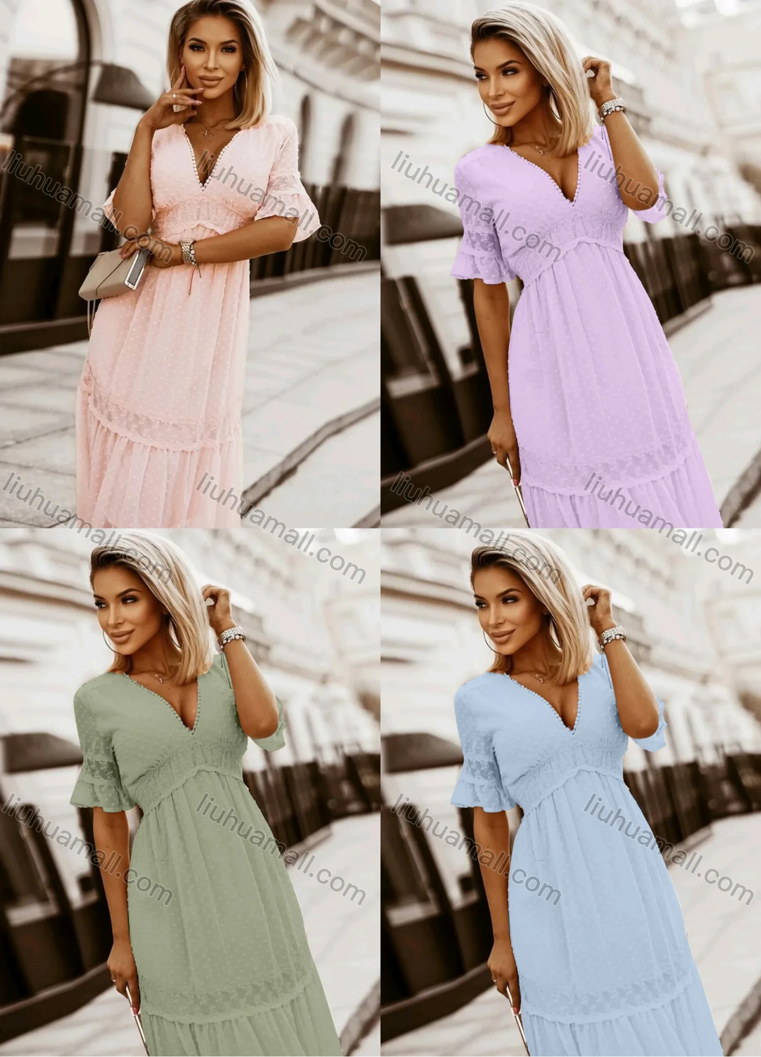 Wholesale Women's Casual Plain V Neck Short Sleeve Swiss Dot Ruffle Hem Maxi Dress - Liuhuamall