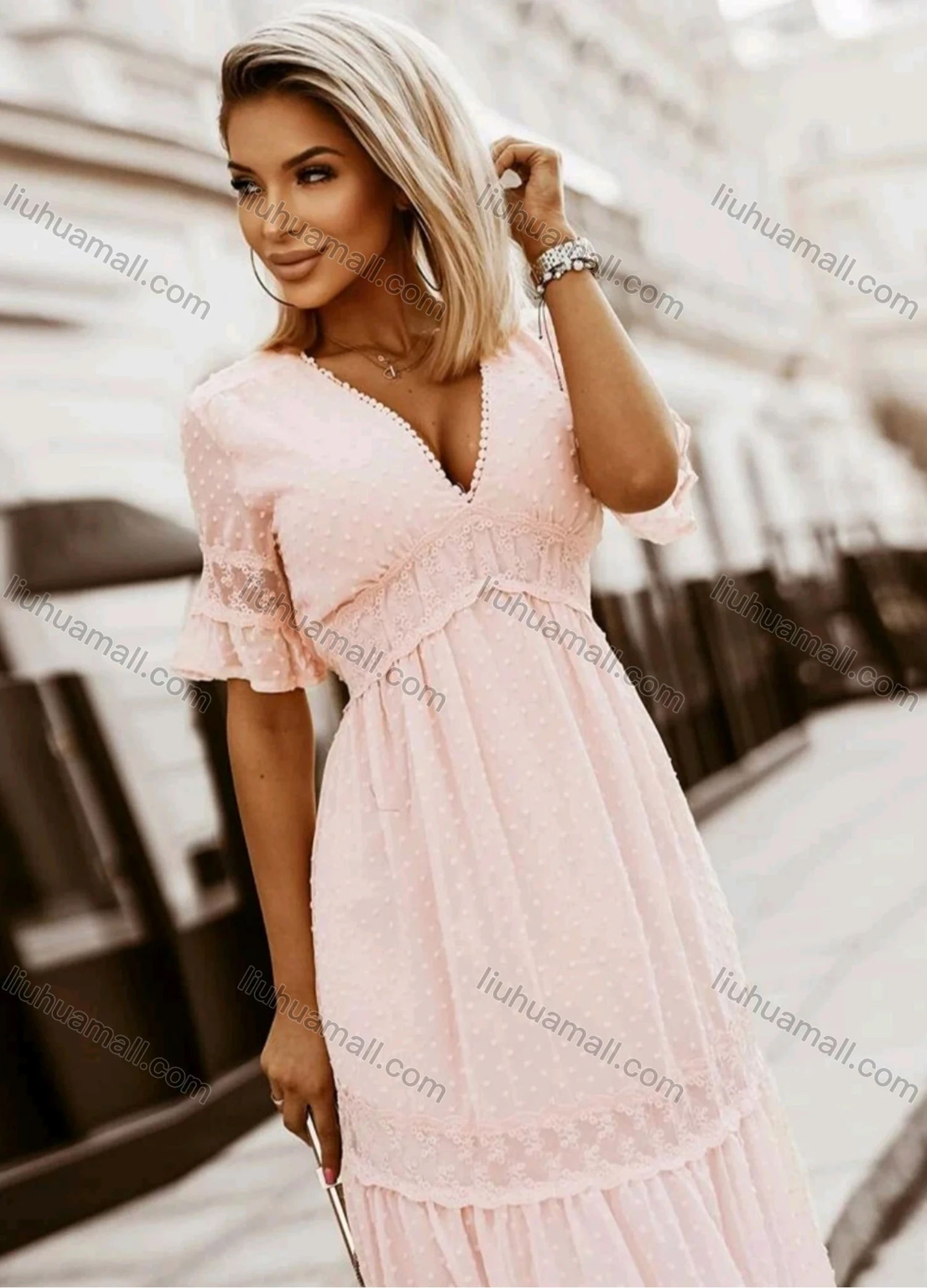 Wholesale Women's Casual Plain V Neck Short Sleeve Swiss Dot Ruffle Hem Maxi Dress - Liuhuamall