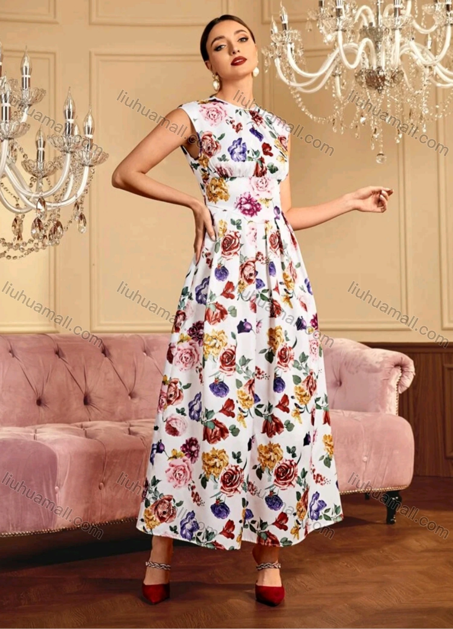 Wholesale Women's Casual Floral Print Round Neck Ruffle Hem Maxi Tank Dress - Liuhuamall