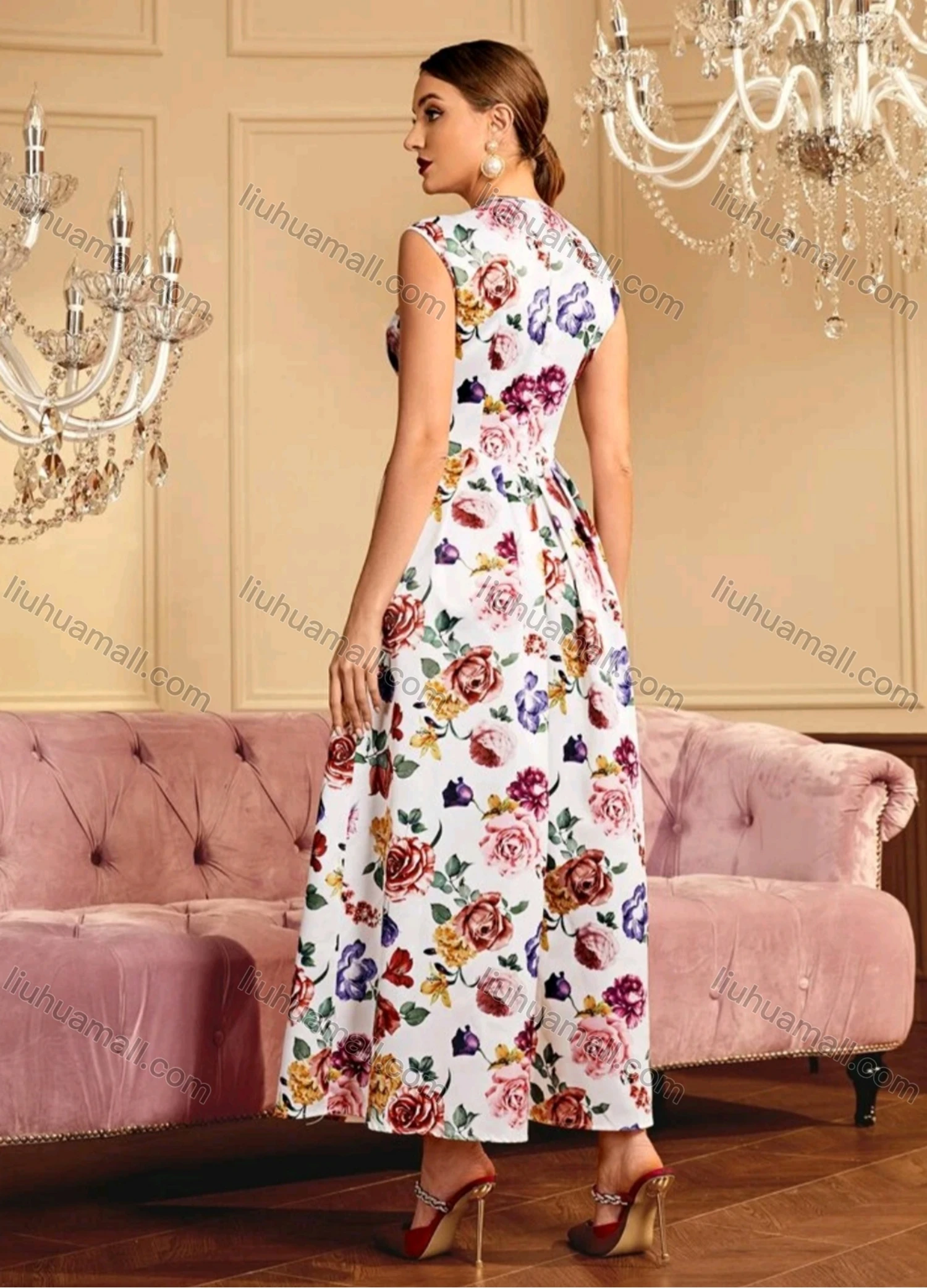 Wholesale Women's Casual Floral Print Round Neck Ruffle Hem Maxi Tank Dress - Liuhuamall