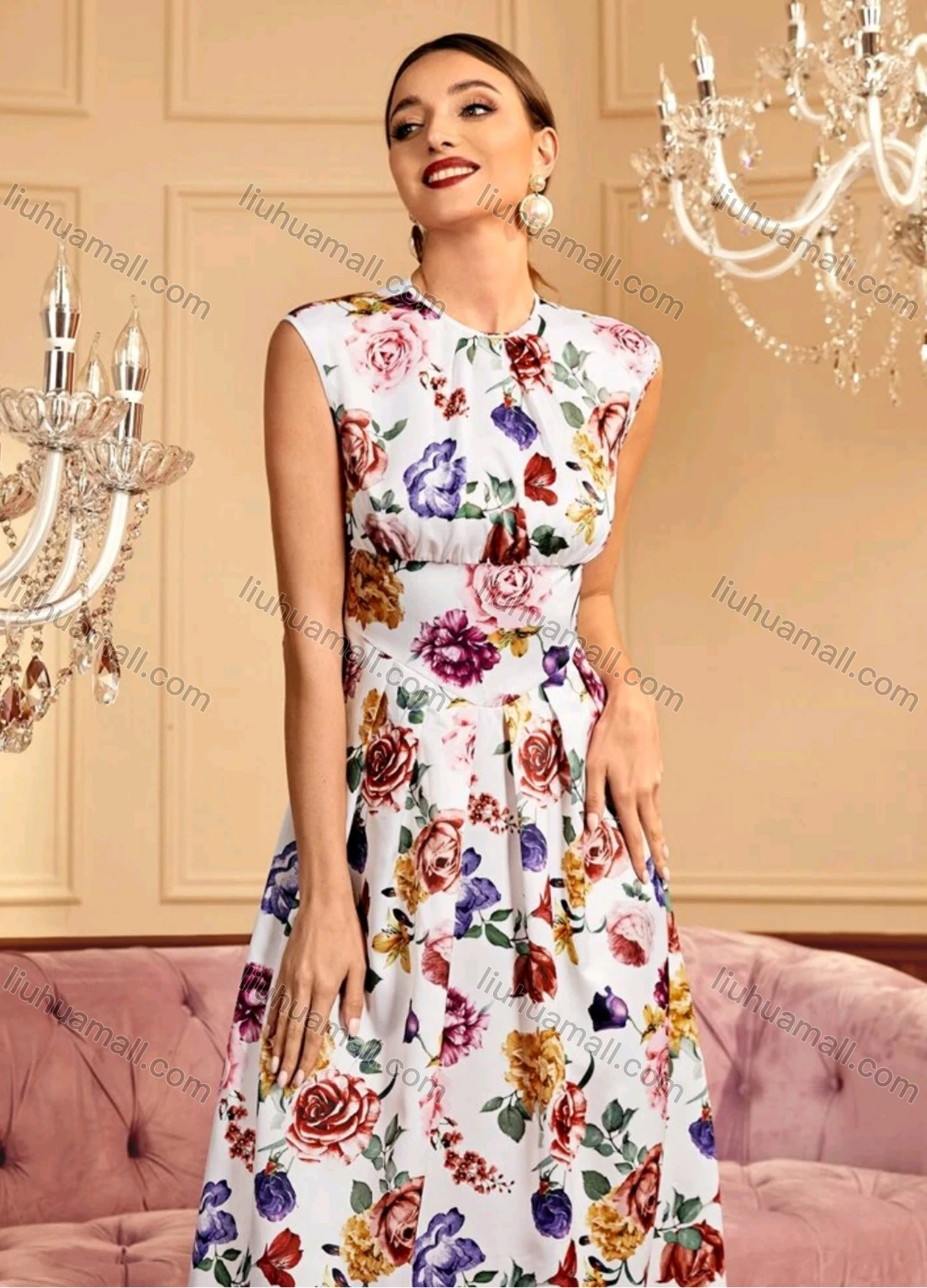 Wholesale Women's Casual Floral Print Round Neck Ruffle Hem Maxi Tank Dress - Liuhuamall