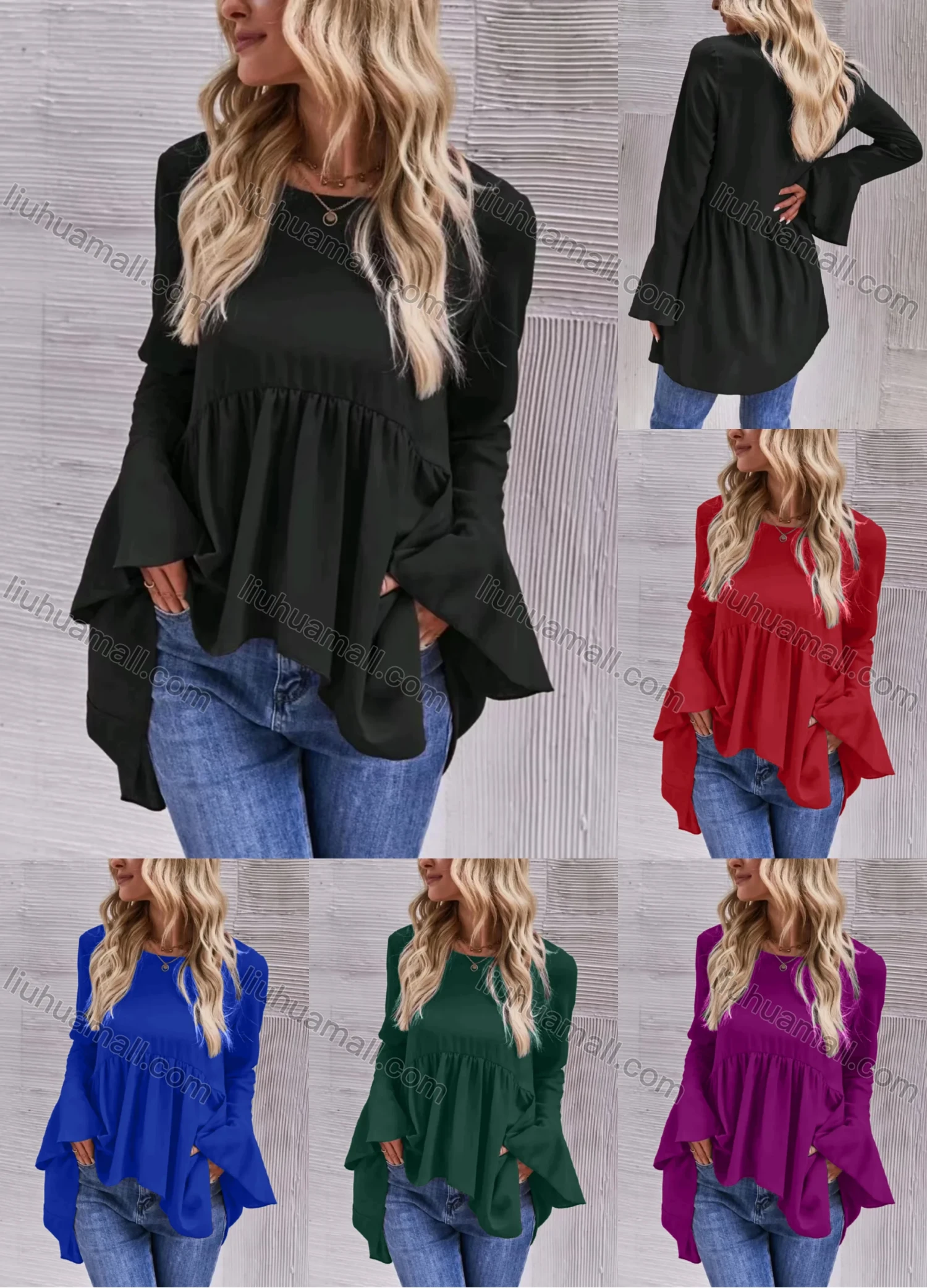 Wholesale Women's Casual Plain Round Neck Ruched Long Sleeve Ruffle Hem Blouse - Liuhuamall