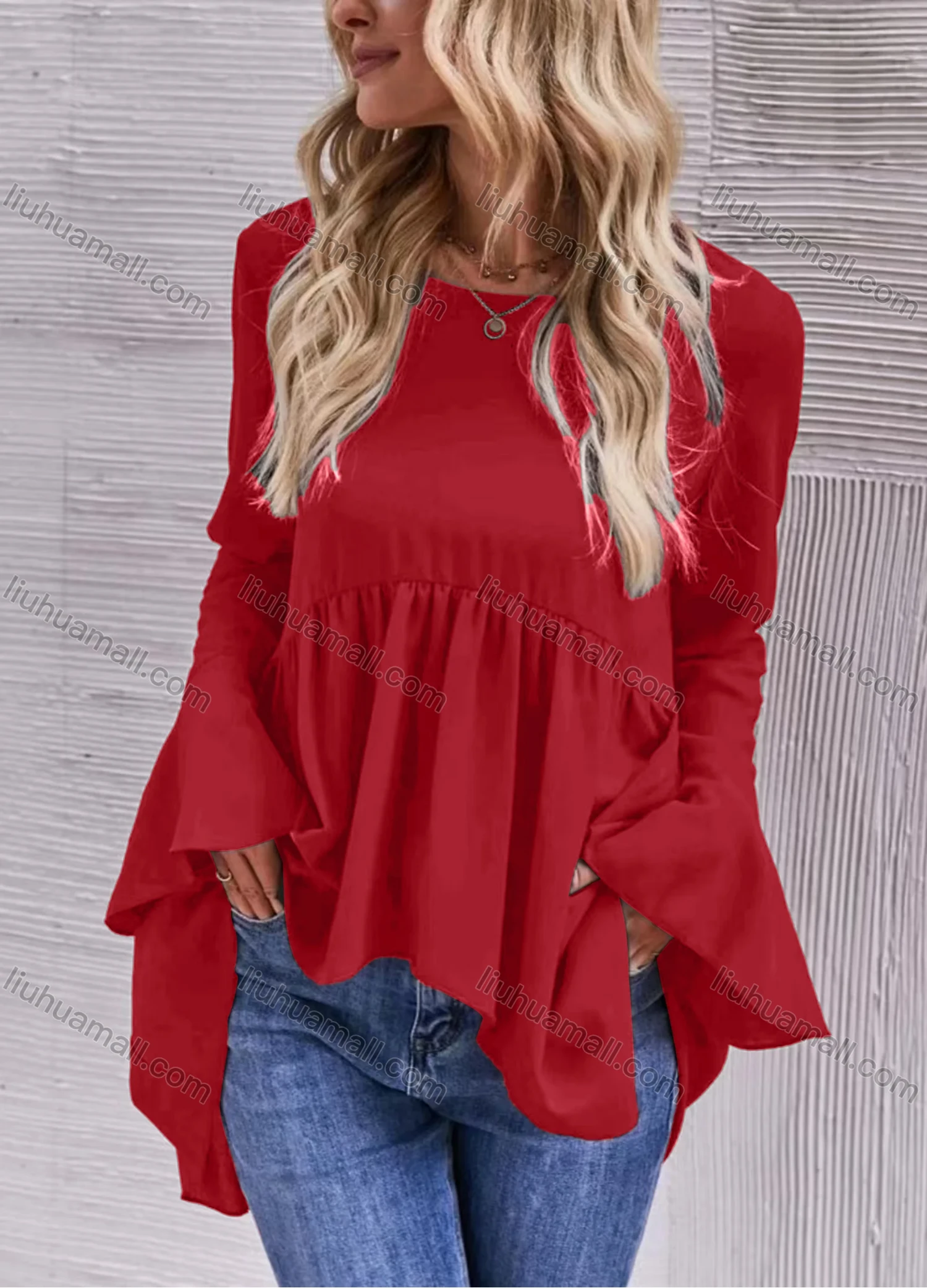 Wholesale Women's Casual Plain Round Neck Ruched Long Sleeve Ruffle Hem Blouse - Liuhuamall