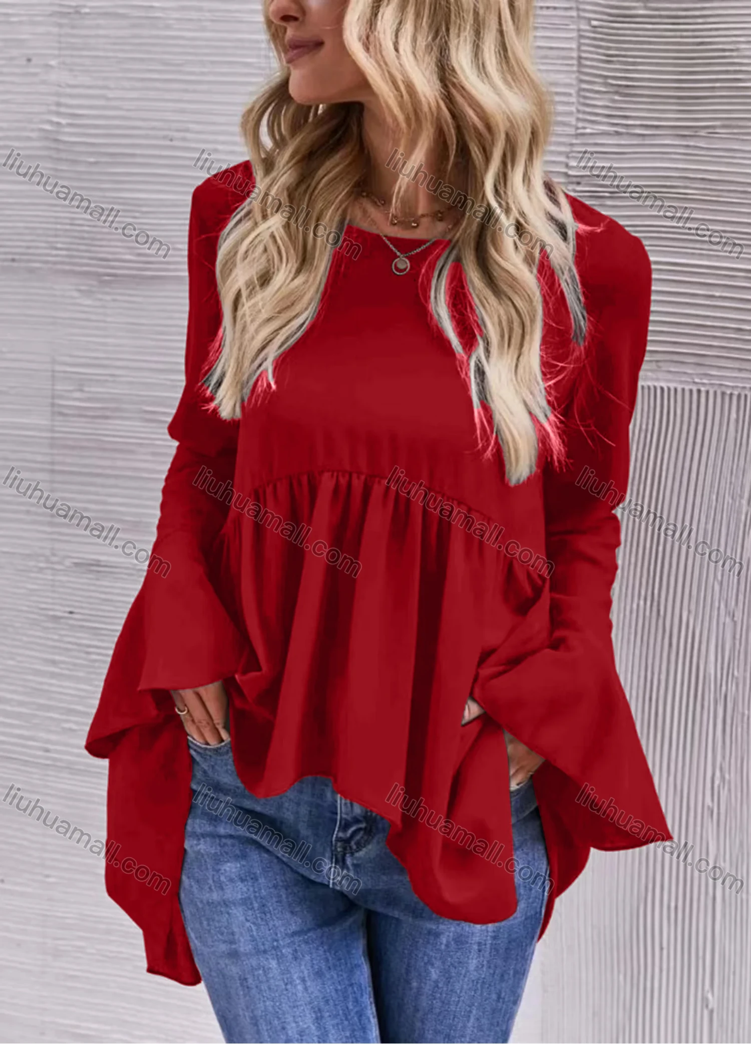 Wholesale Women's Casual Plain Round Neck Ruched Long Sleeve Ruffle Hem Blouse - Liuhuamall