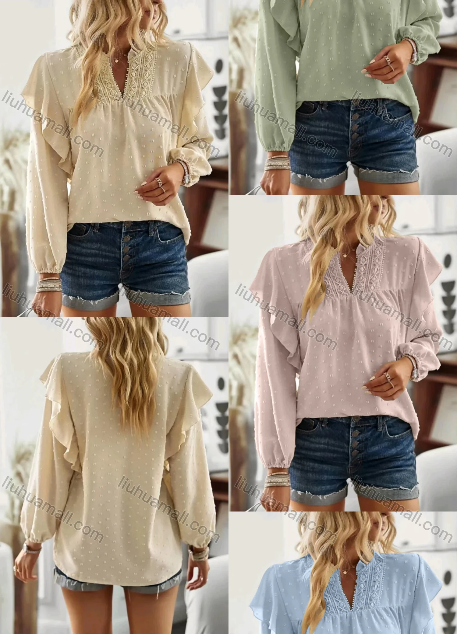 Wholesale Women's Casual Plain Swiss Dot V Neck Ruffle Trim Long Sleeve Blouse - Liuhuamall