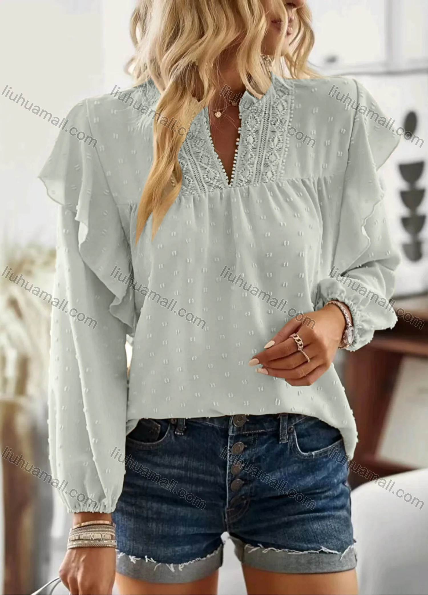 Wholesale Women's Casual Plain Swiss Dot V Neck Ruffle Trim Long Sleeve Blouse - Liuhuamall