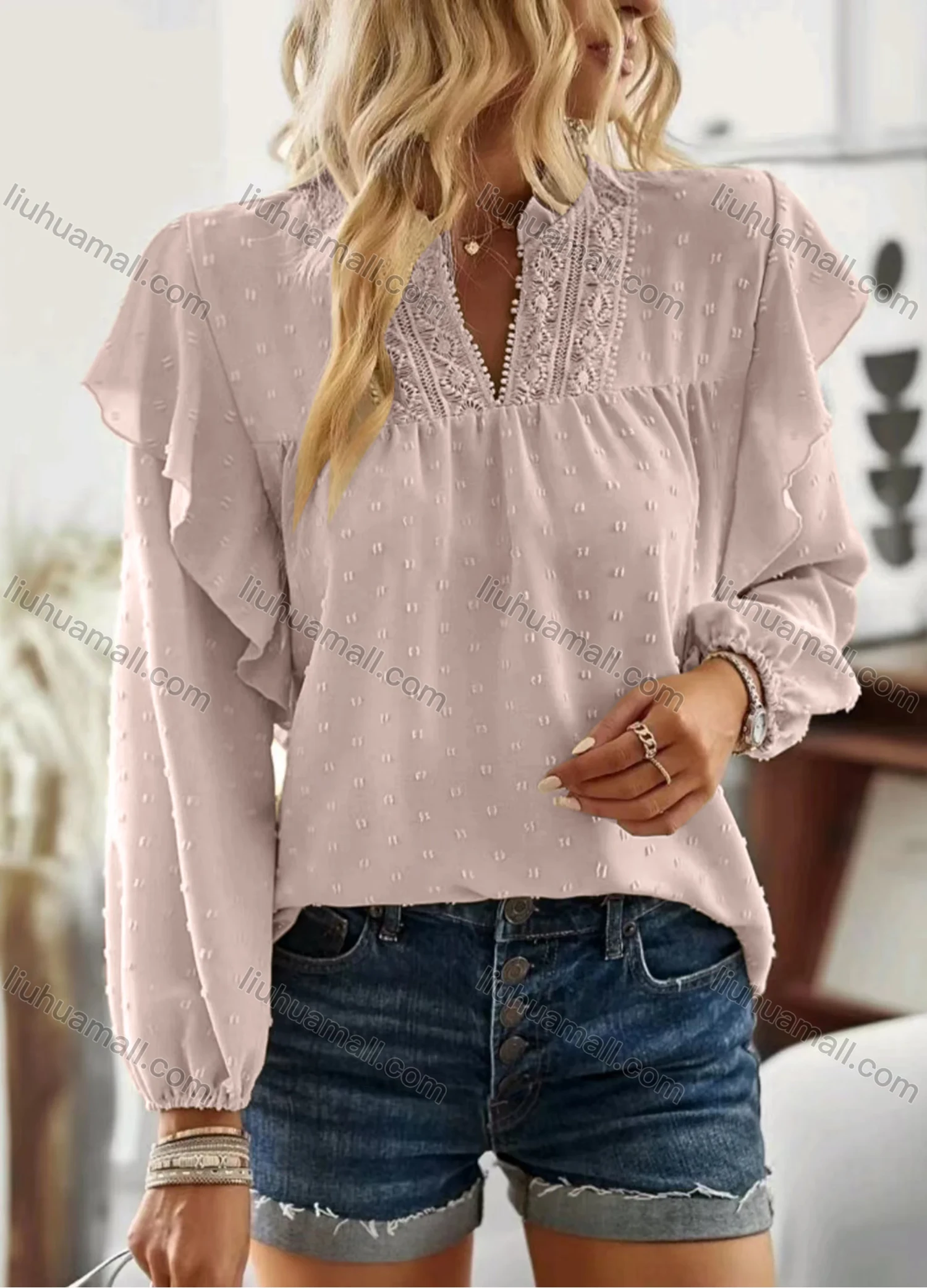 Wholesale Women's Casual Plain Swiss Dot V Neck Ruffle Trim Long Sleeve Blouse - Liuhuamall
