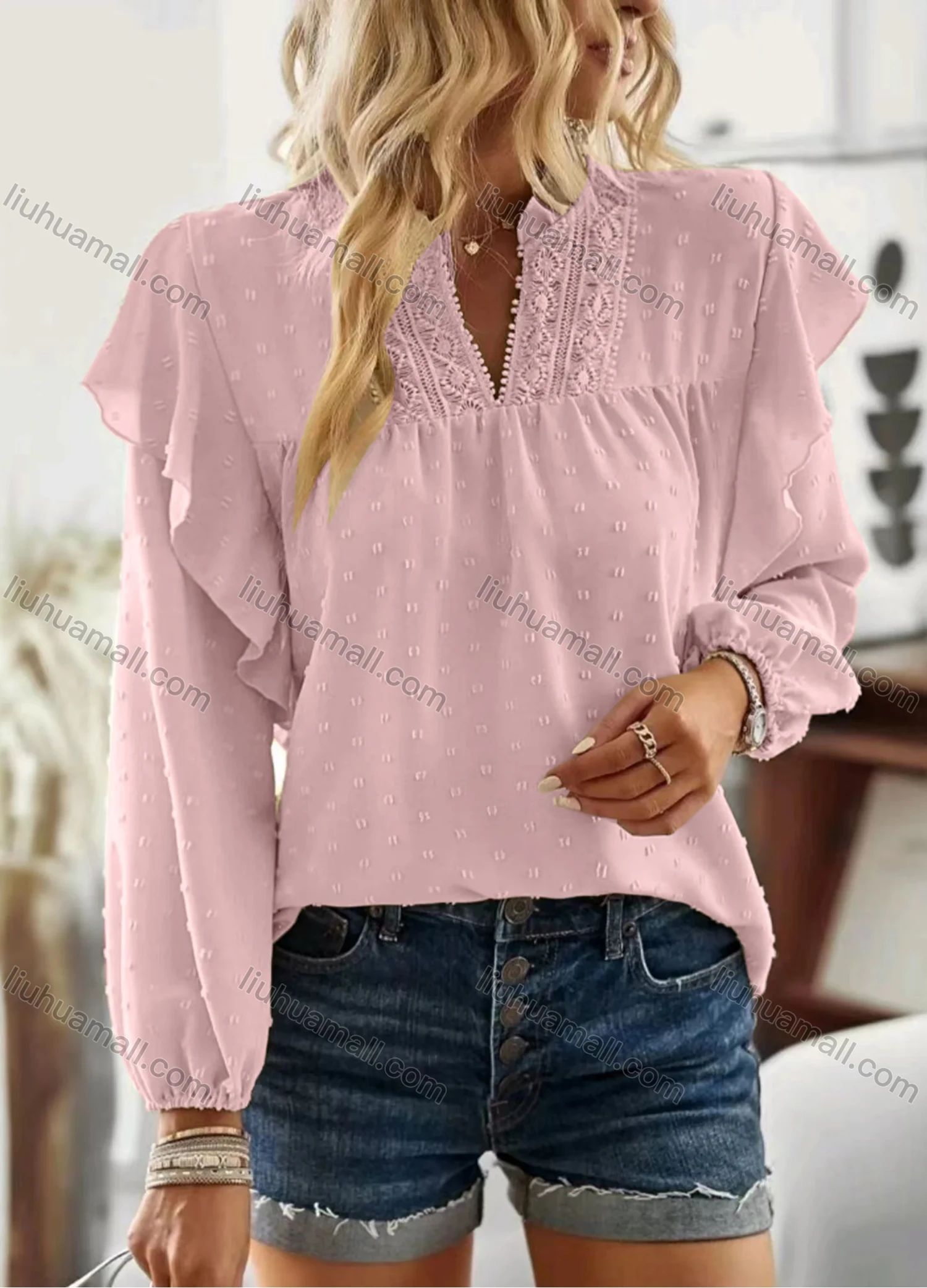 Wholesale Women's Casual Plain Swiss Dot V Neck Ruffle Trim Long Sleeve Blouse - Liuhuamall