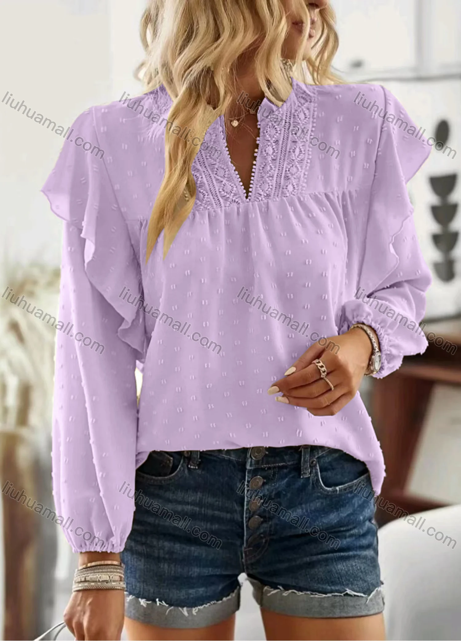 Wholesale Women's Casual Plain Swiss Dot V Neck Ruffle Trim Long Sleeve Blouse - Liuhuamall