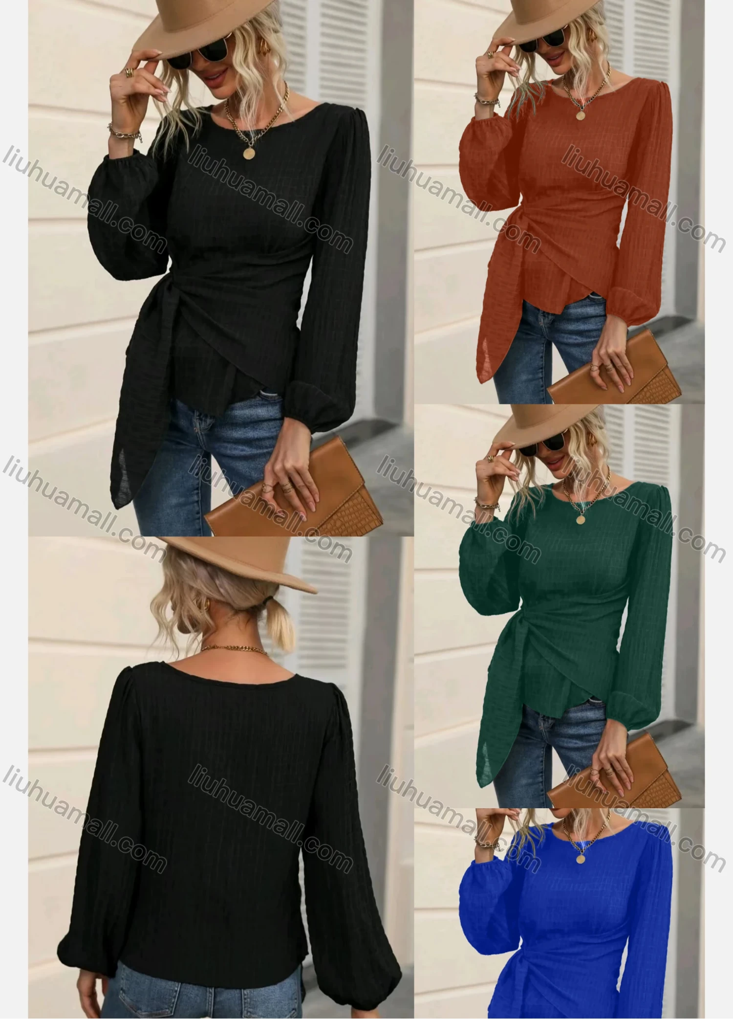 Wholesale Women's Casual Plain Bateau Neck Long Sleeve Twist Blouse - Liuhuamall