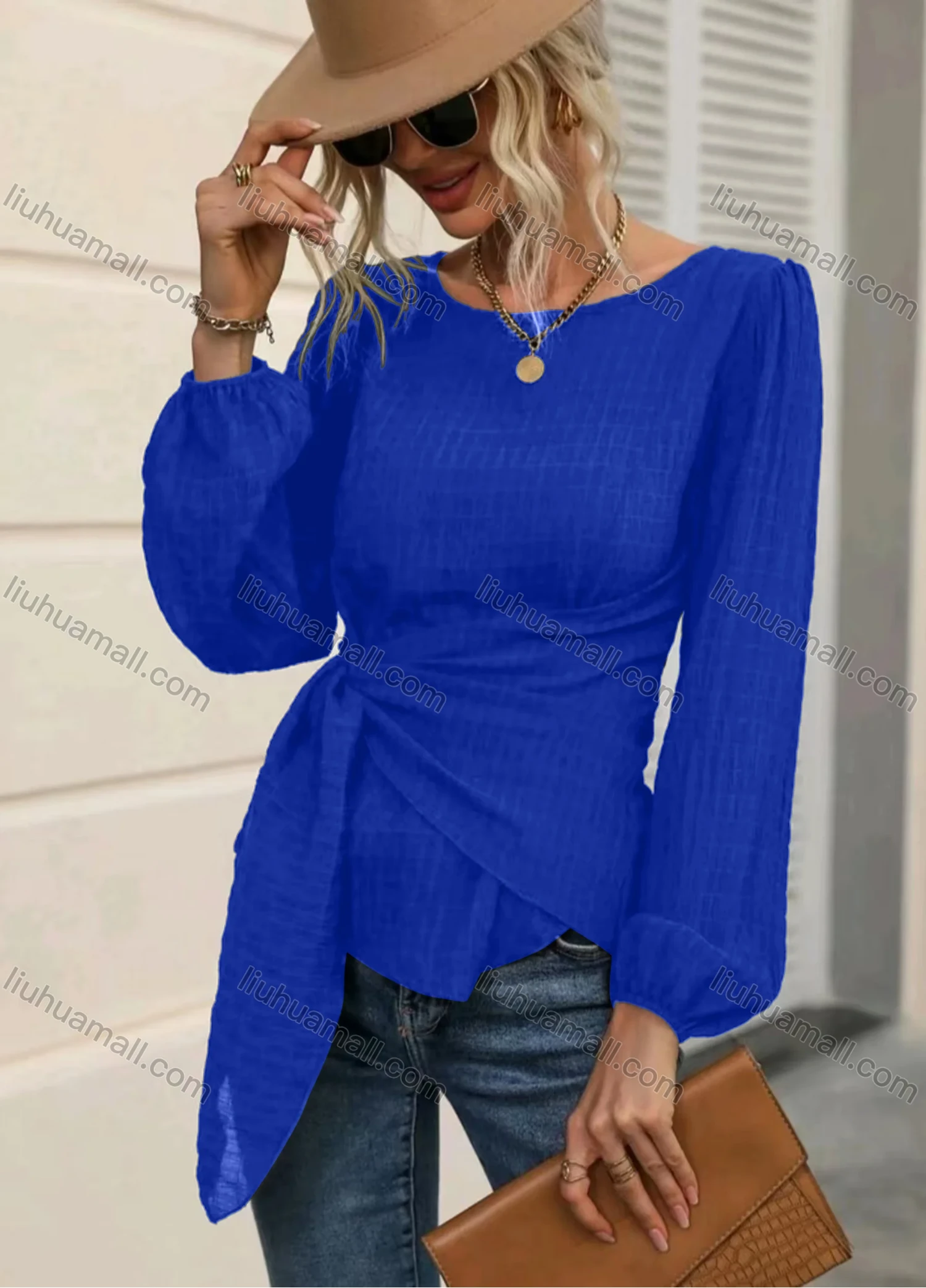 Wholesale Women's Casual Plain Bateau Neck Long Sleeve Twist Blouse - Liuhuamall