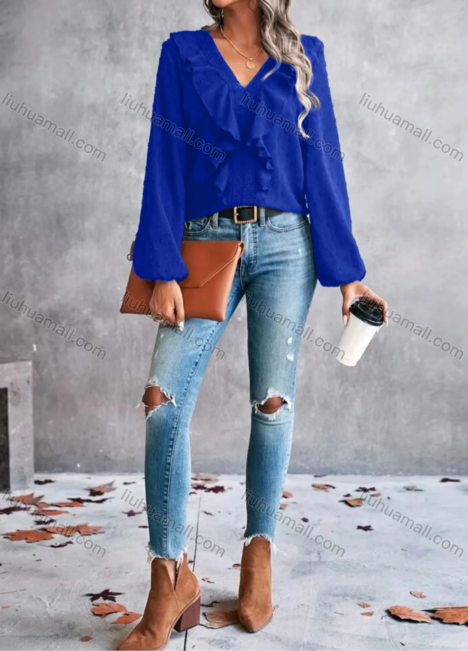 Wholesale Women's Casual Plain Swiss Dot Lace Trim V Neck Long Sleeve Blouse - Liuhuamall