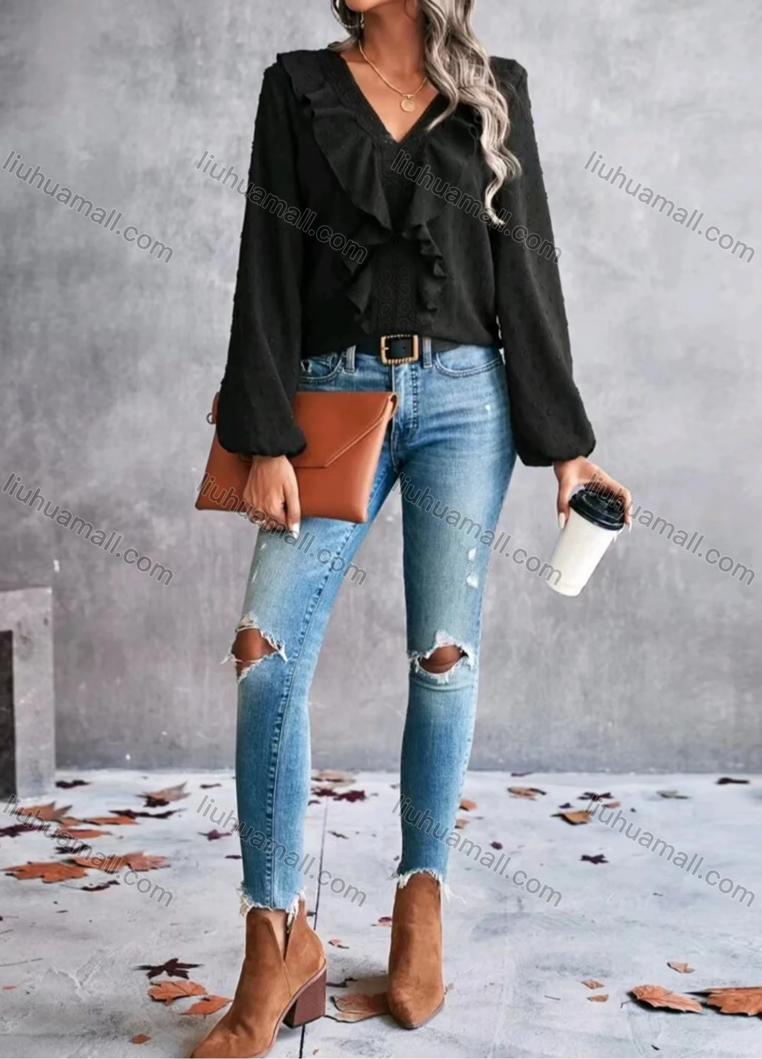 Wholesale Women's Casual Plain Swiss Dot Lace Trim V Neck Long Sleeve Blouse - Liuhuamall