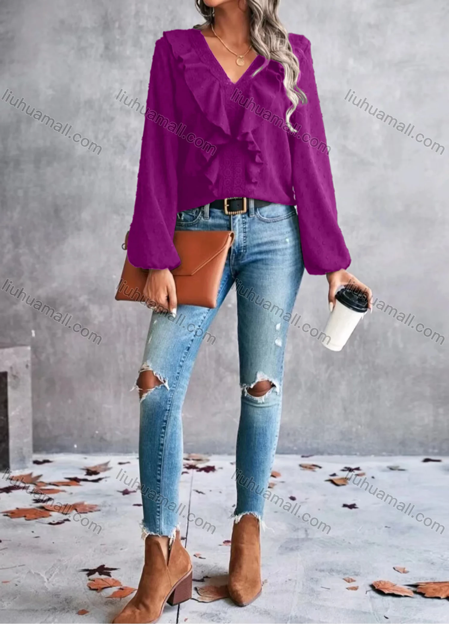 Wholesale Women's Casual Plain Swiss Dot Lace Trim V Neck Long Sleeve Blouse - Liuhuamall