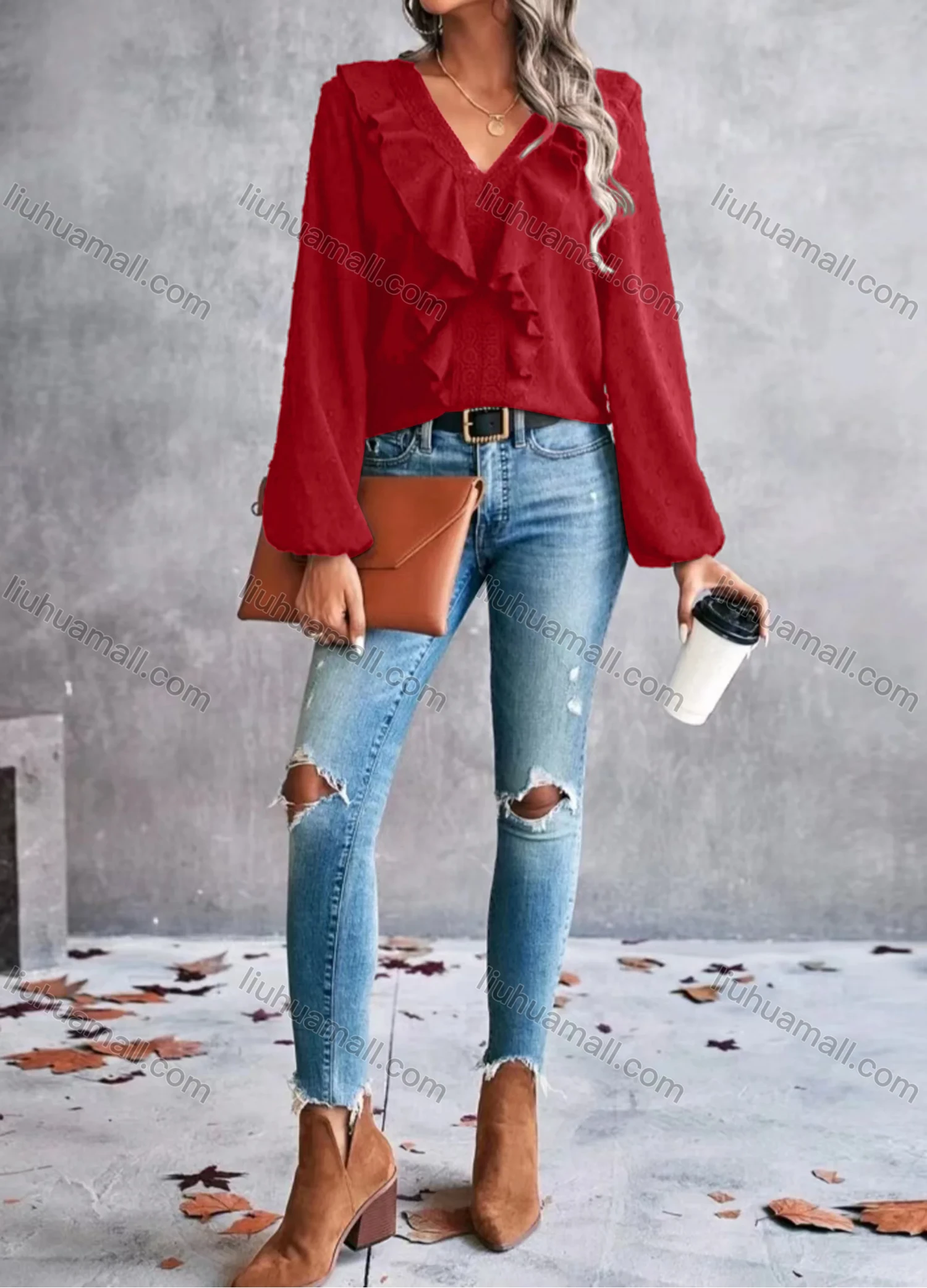 Wholesale Women's Casual Plain Swiss Dot Lace Trim V Neck Long Sleeve Blouse - Liuhuamall