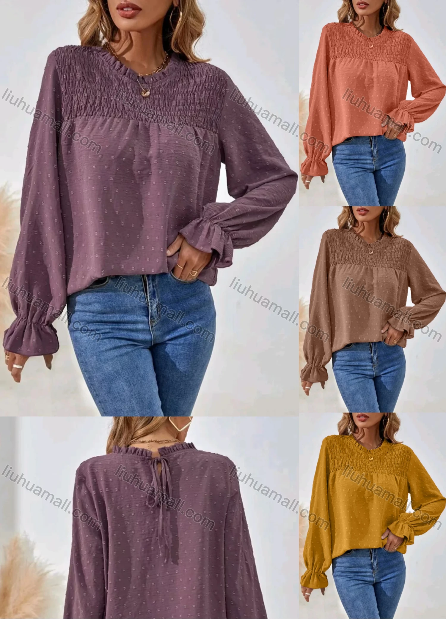 Wholesale Women's Casual Plain Shirred Swiss Dot Long Sleeve Blouse - Liuhuamall