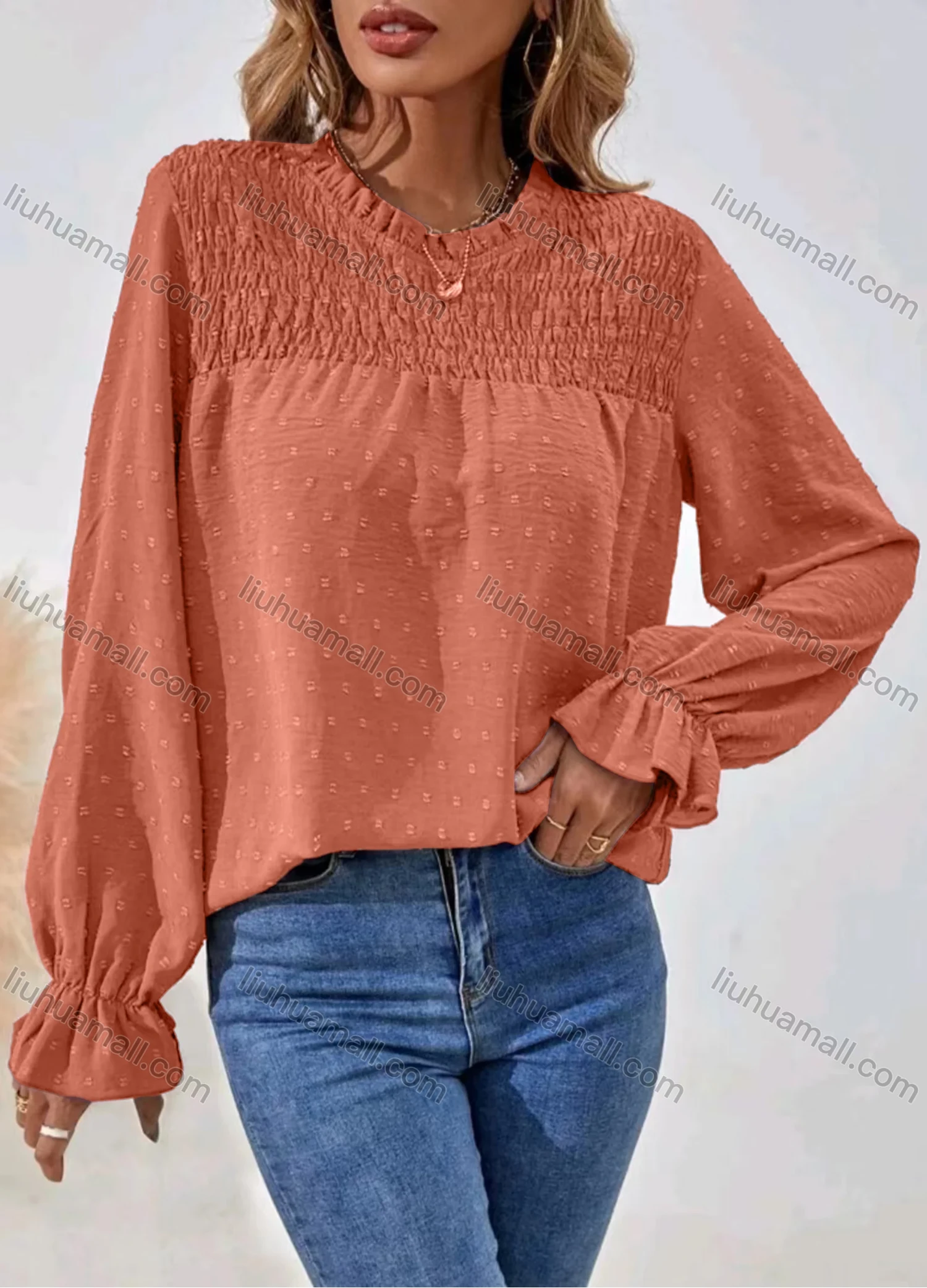 Wholesale Women's Casual Plain Shirred Swiss Dot Long Sleeve Blouse - Liuhuamall