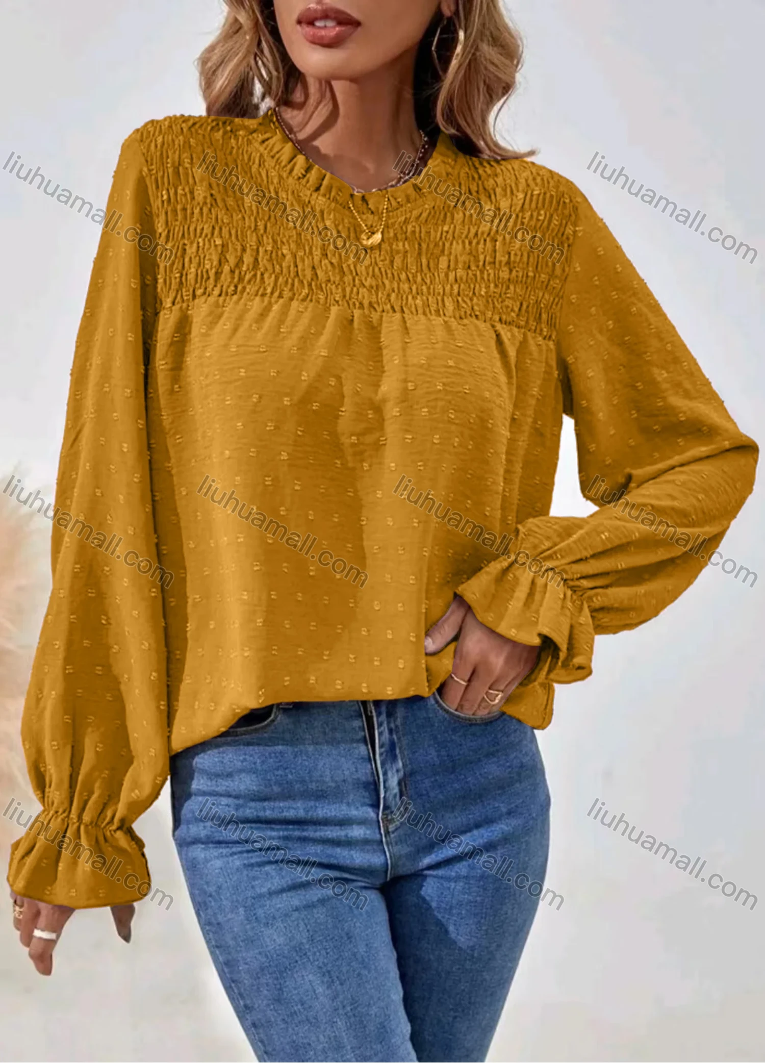 Wholesale Women's Casual Plain Shirred Swiss Dot Long Sleeve Blouse - Liuhuamall